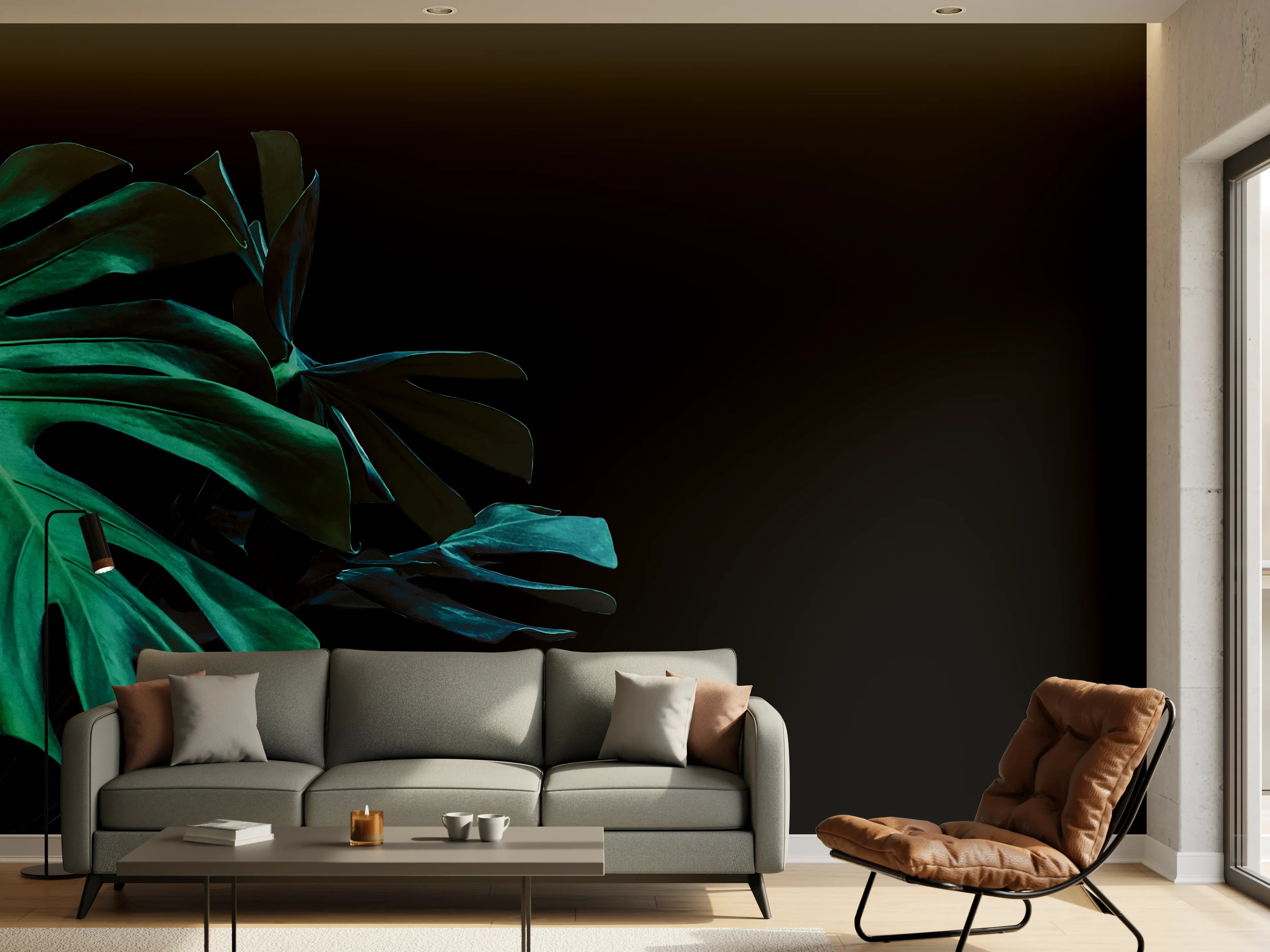Wandverkleidung Wohnzimmer - Monstera deliciosa - tropische Blätter