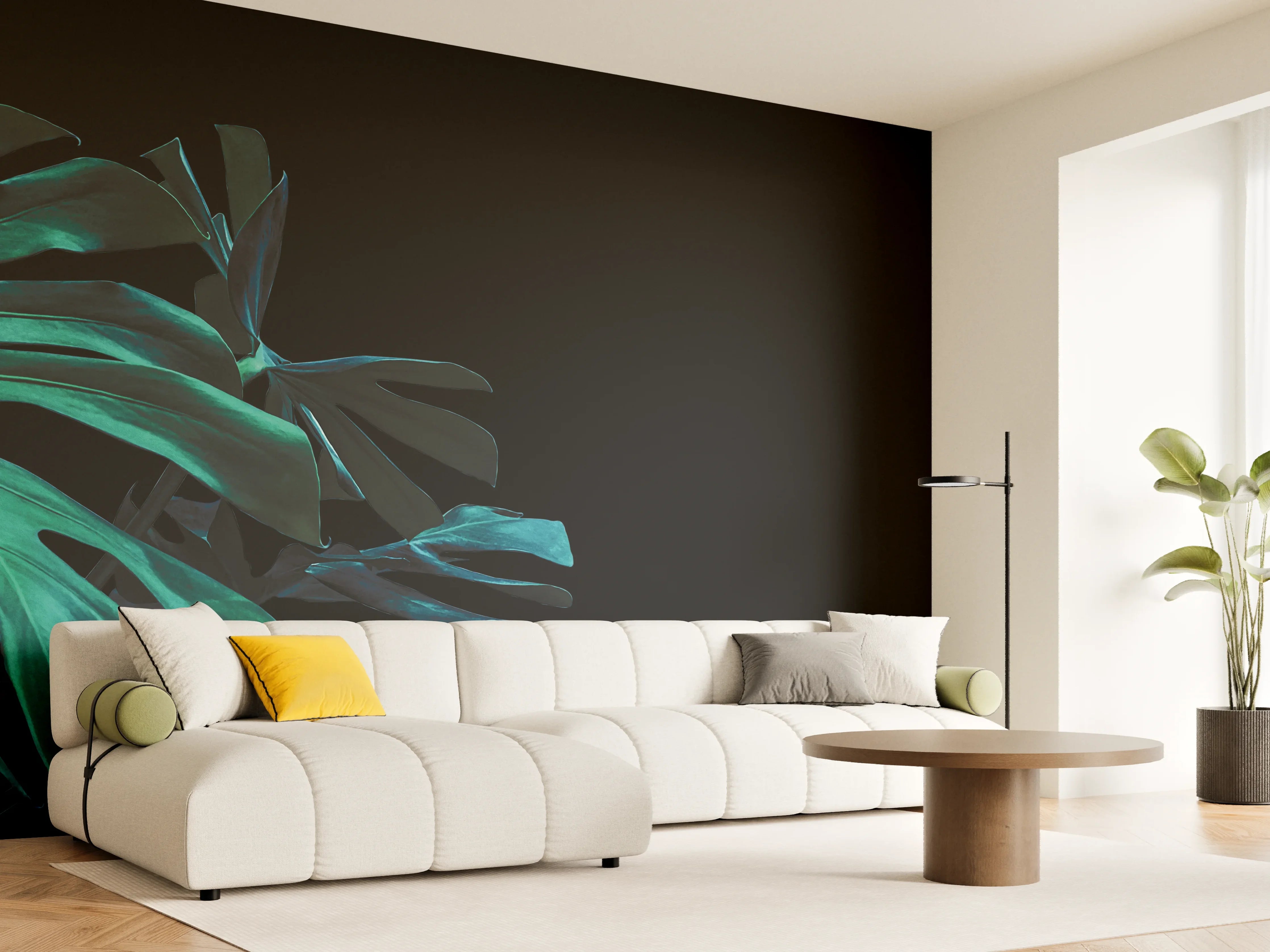 Wandverkleidung Wohnzimmer - Monstera deliciosa - tropische Blätter