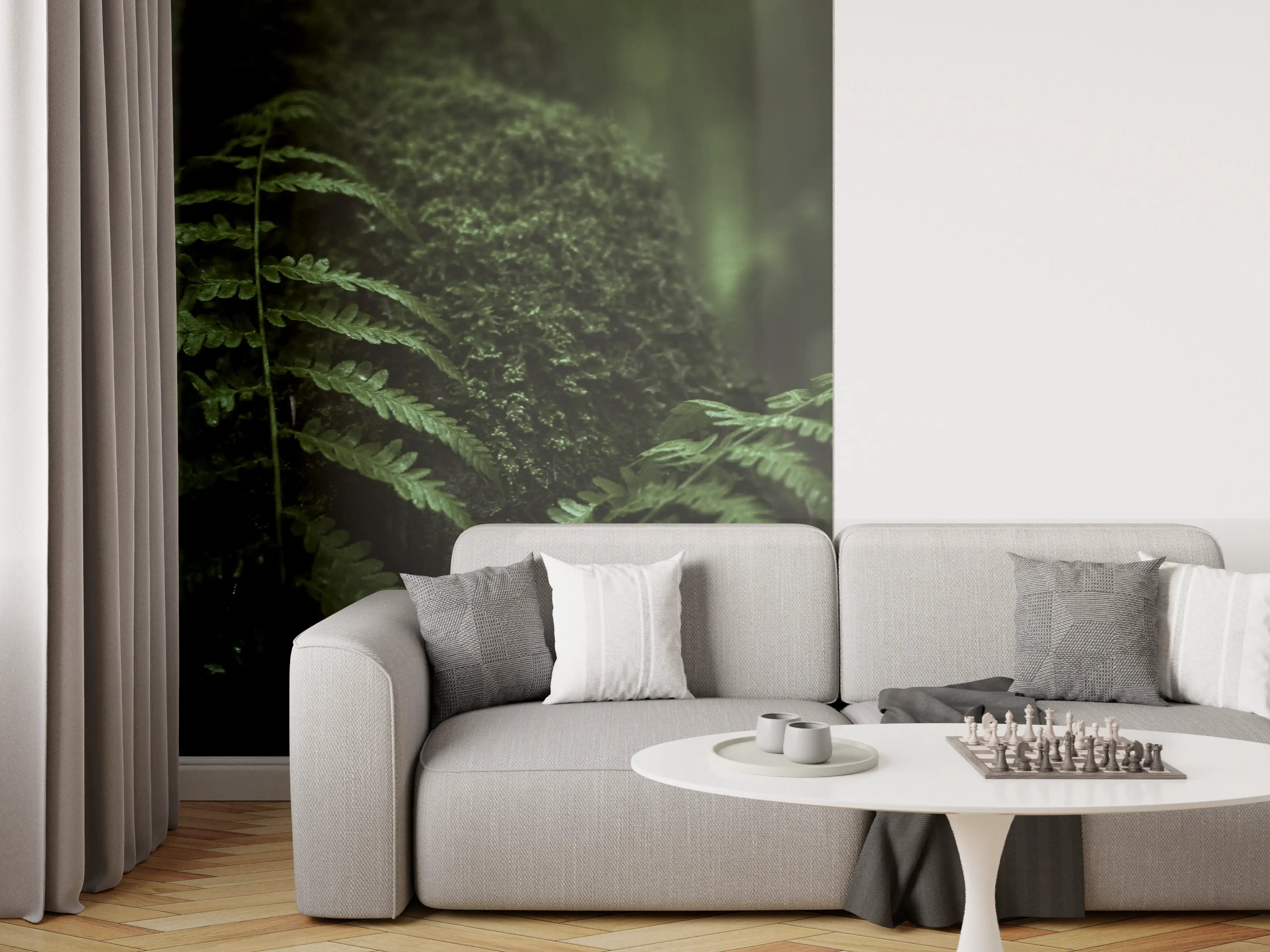 Wandverkleidung Wohnzimmer - Moosbedeckter Baumstamm im grünen Dschungel