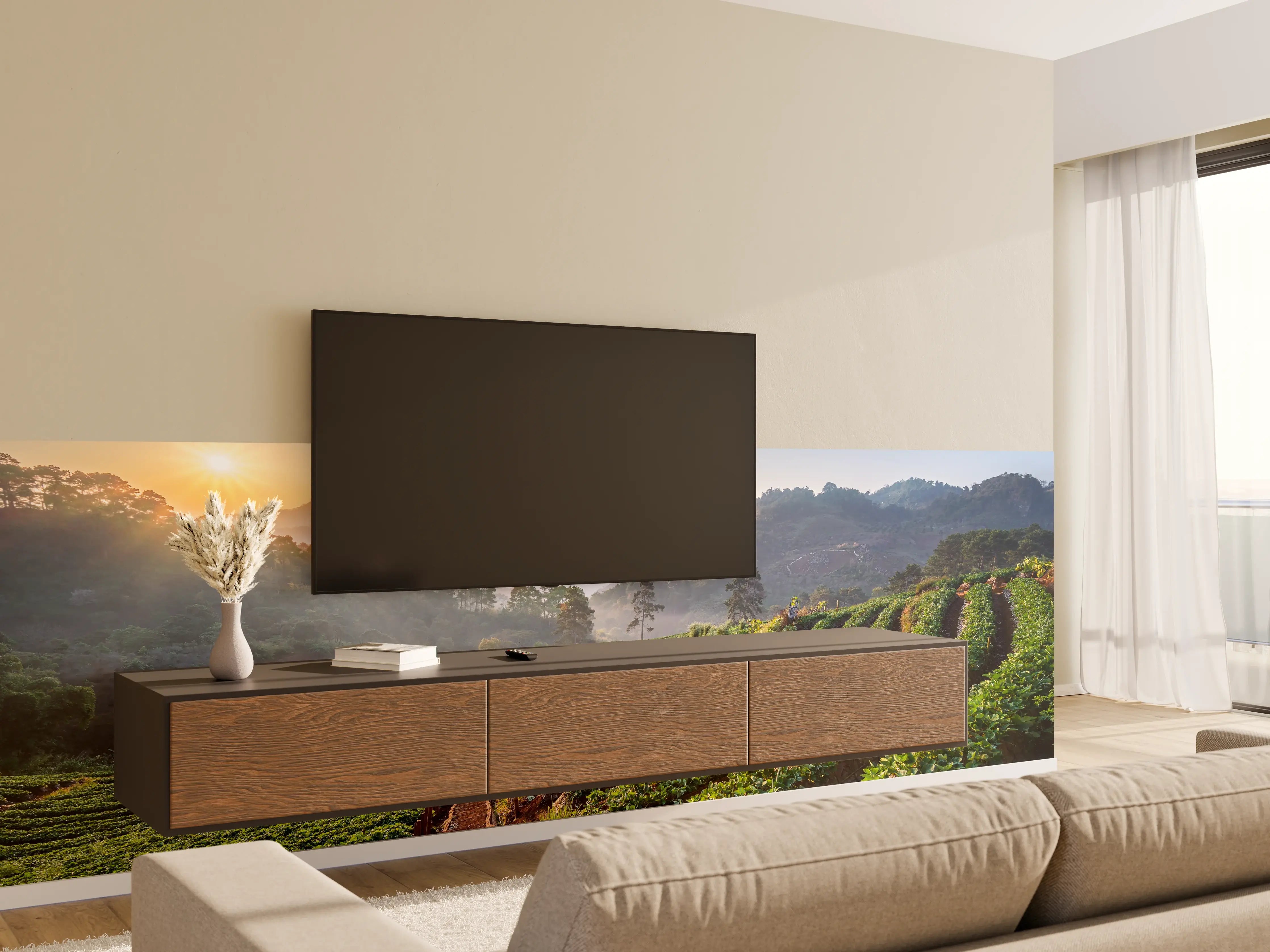 Wandverkleidung Wohnzimmer - Morgenlicht über grauen Hügeln