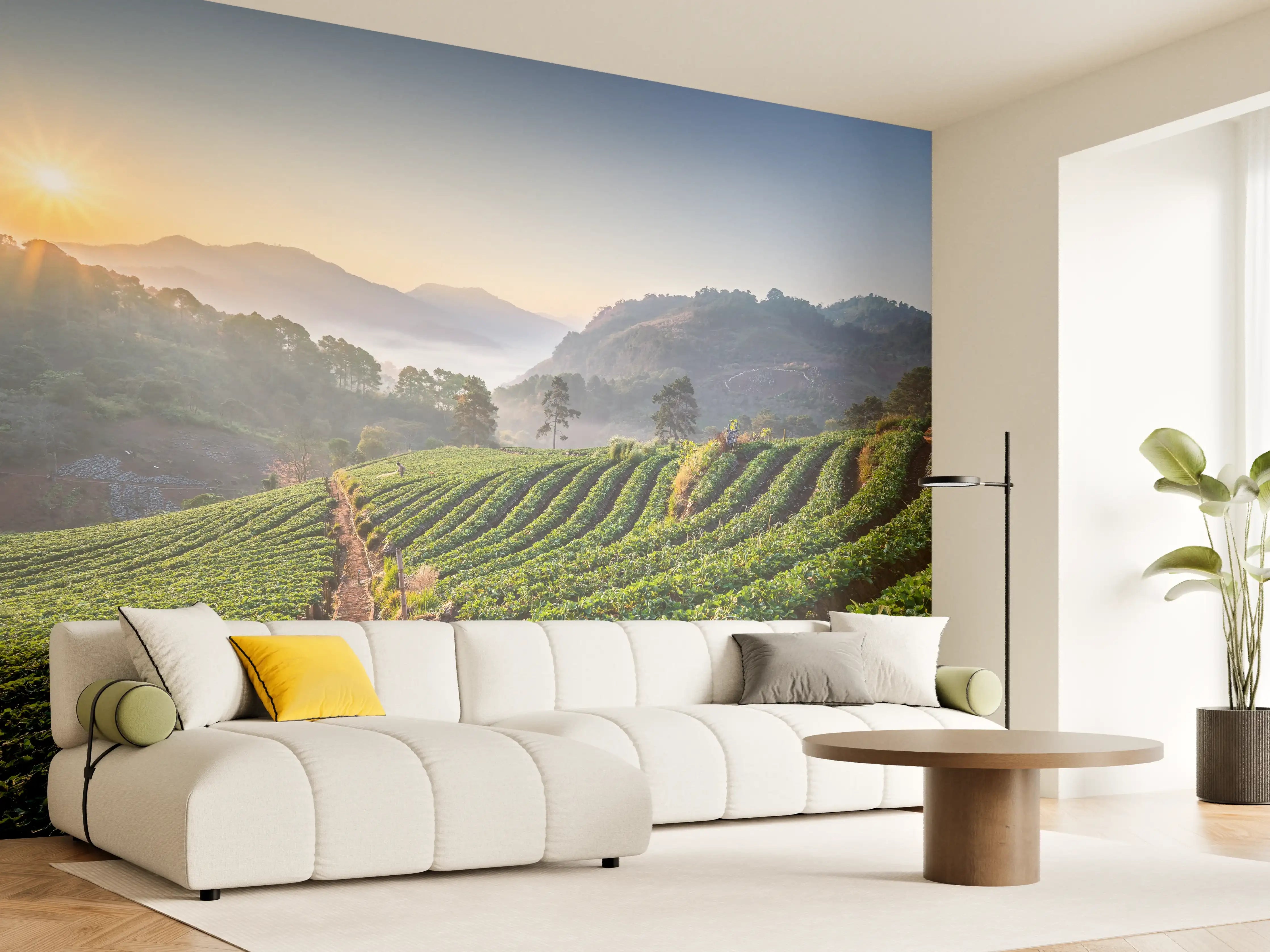 Wandverkleidung Wohnzimmer - Morgenlicht über grauen Hügeln