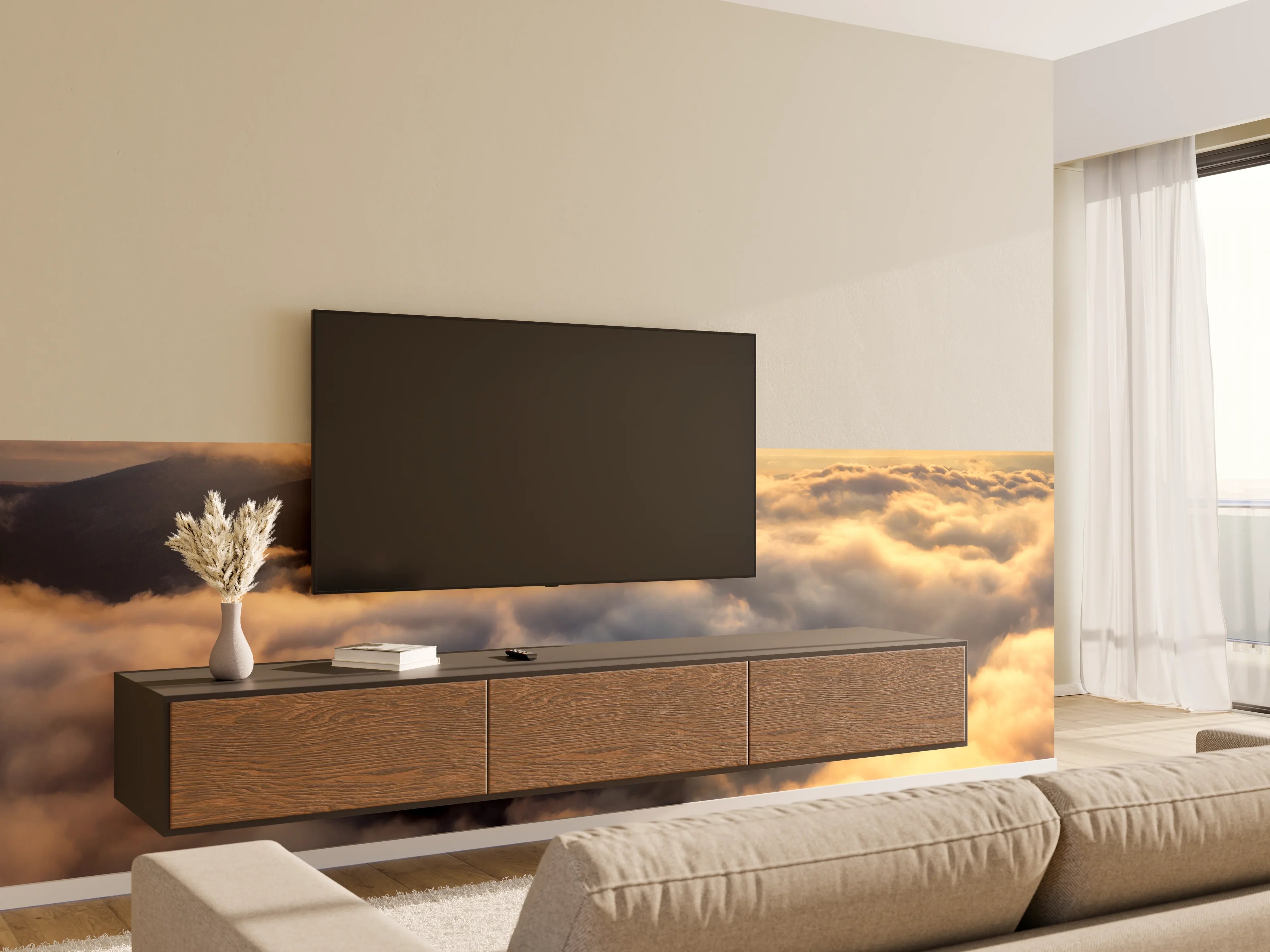 Wandverkleidung Wohnzimmer - Morgenlicht über grauen Wolken
