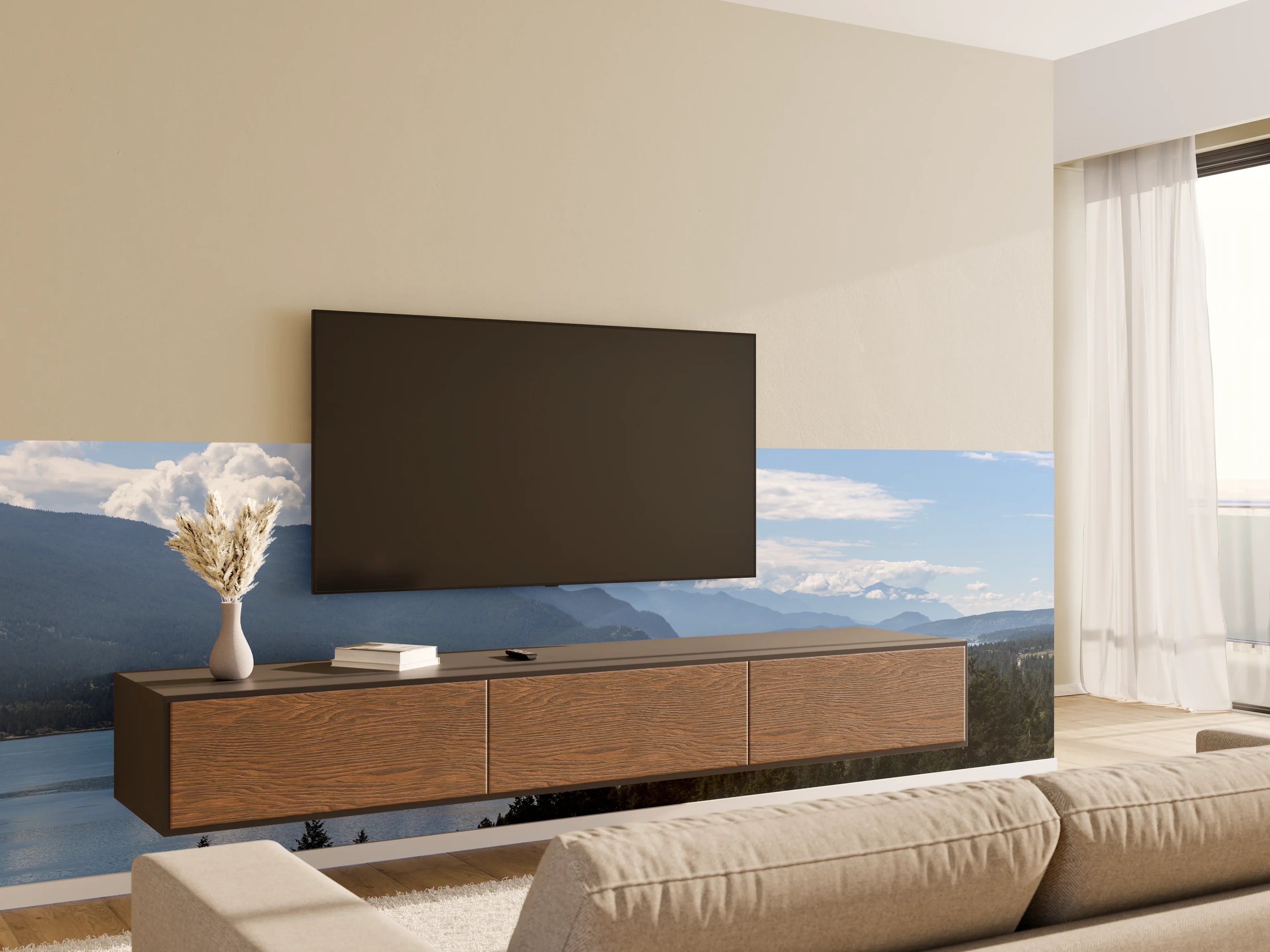 Wandverkleidung Wohnzimmer - Morgennebel über den Gipfeln des Fairmont Ridge