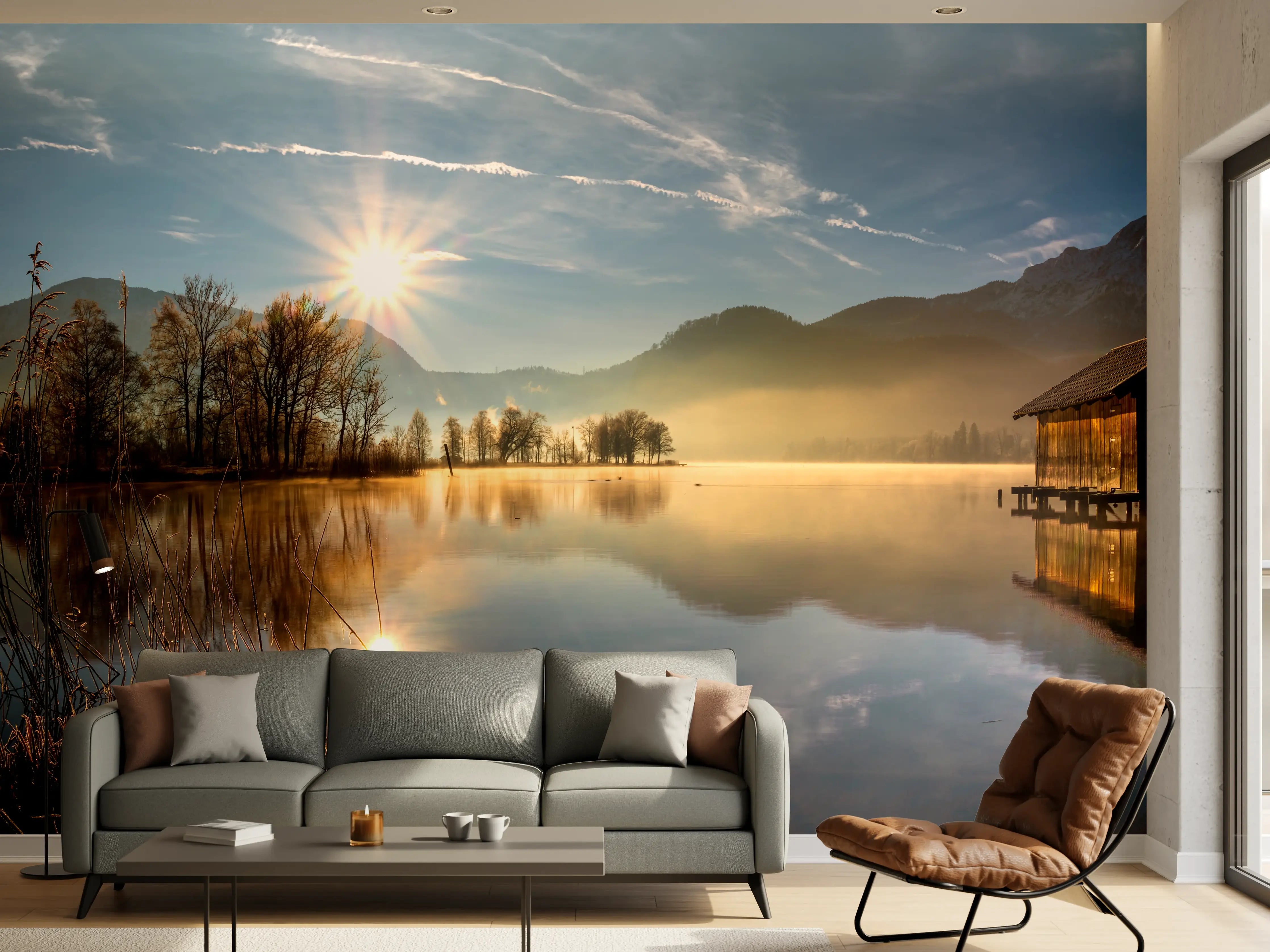 Wandverkleidung Wohnzimmer - Morgensonnenblick auf den Bayerischen Kochelsee