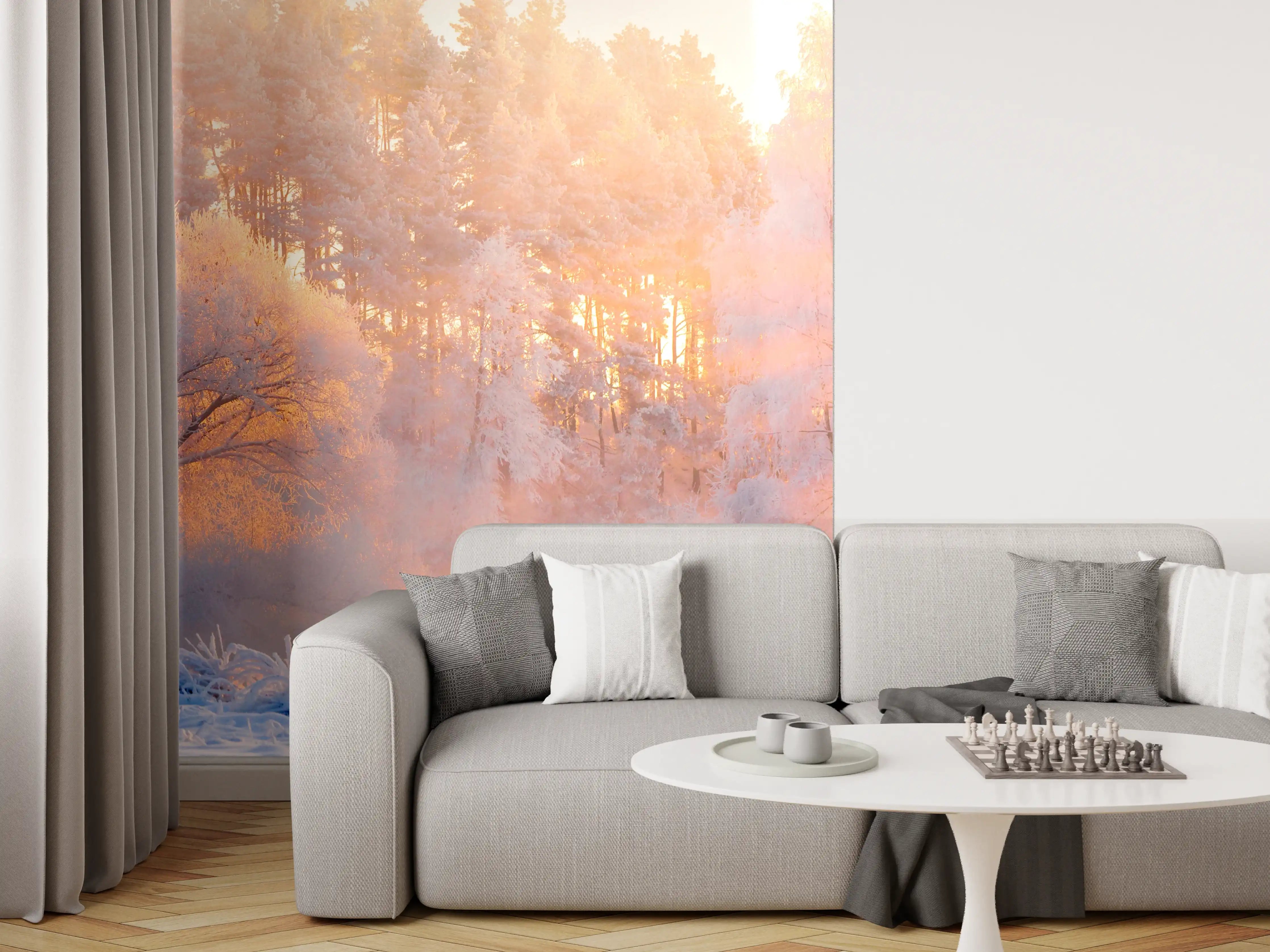 Wandverkleidung Wohnzimmer - Morgenstimmung im Winterwald