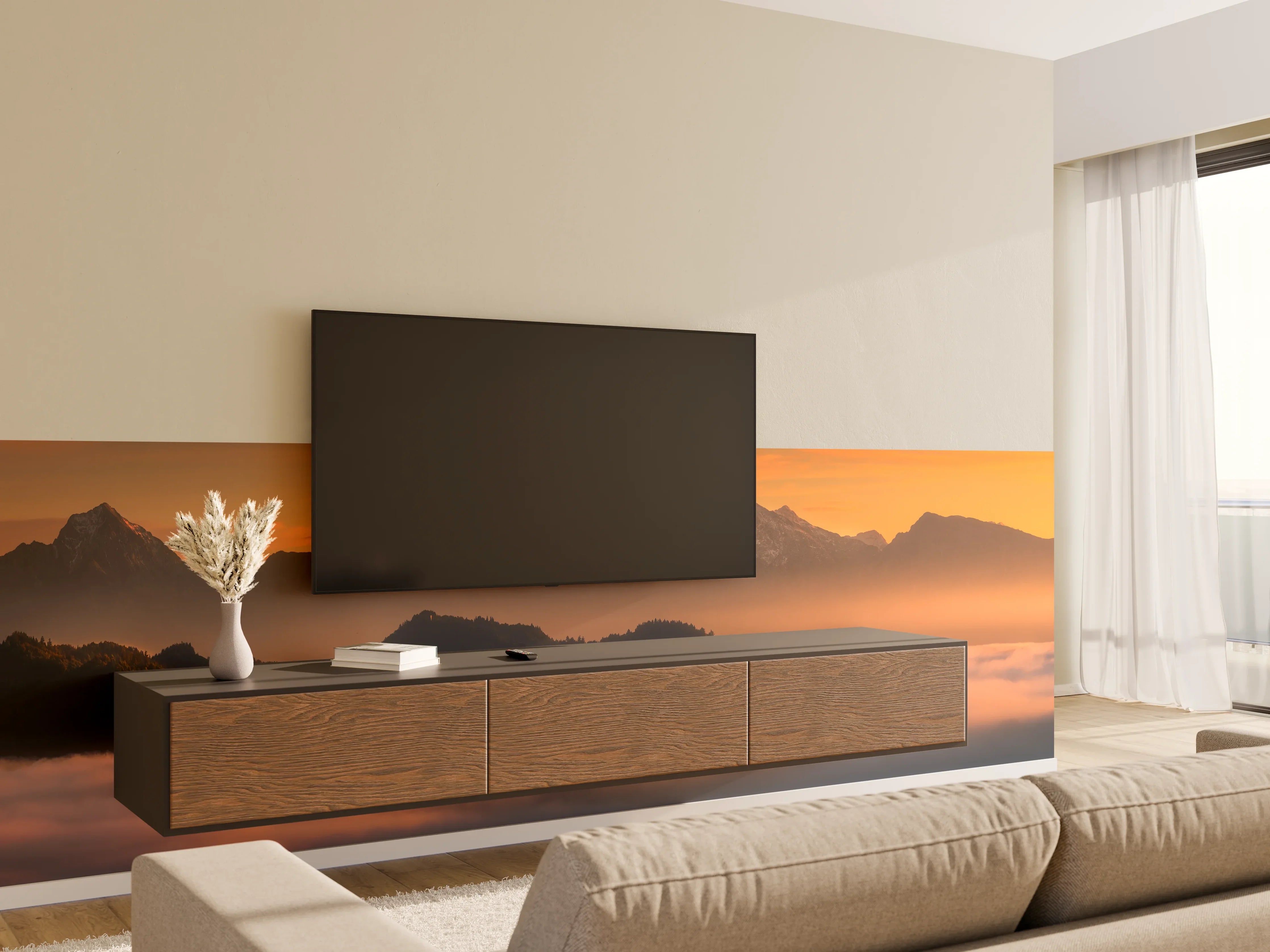 Wandverkleidung Wohnzimmer - Morgenstimmung in den Bergen