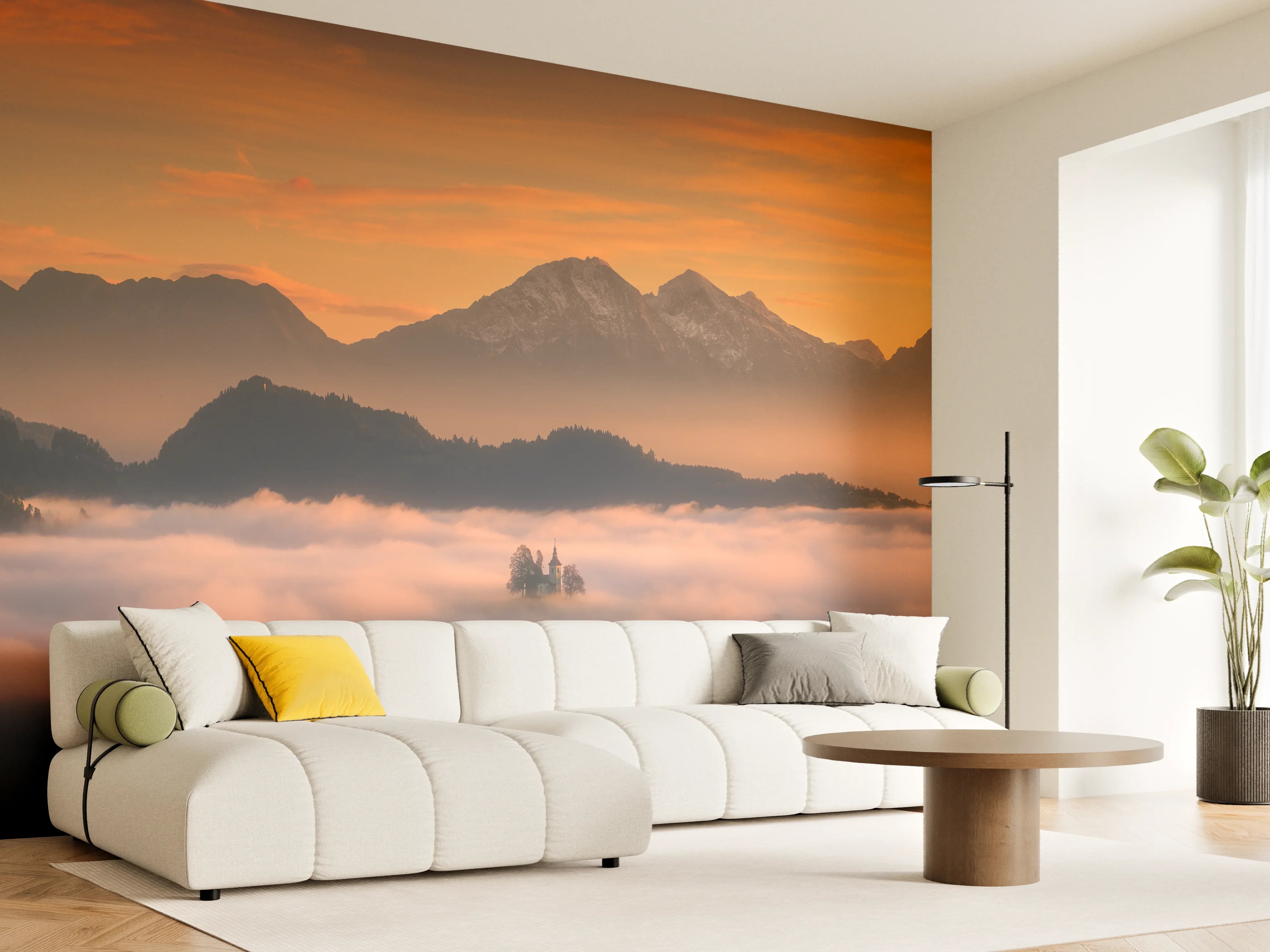 Wandverkleidung Wohnzimmer - Morgenstimmung in den Bergen