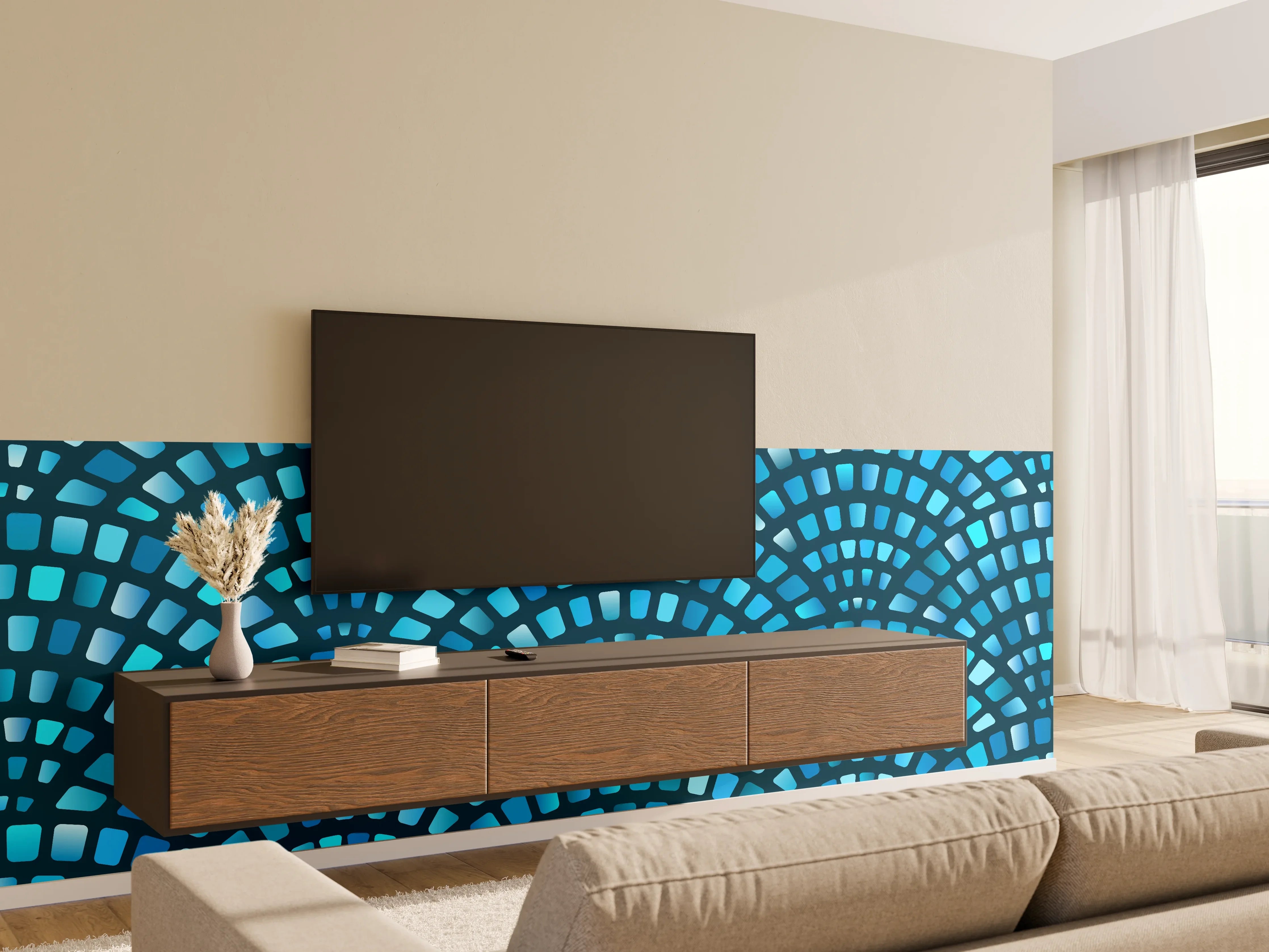 Wandverkleidung Wohnzimmer - Mosaikartige blaue Mustervorlage