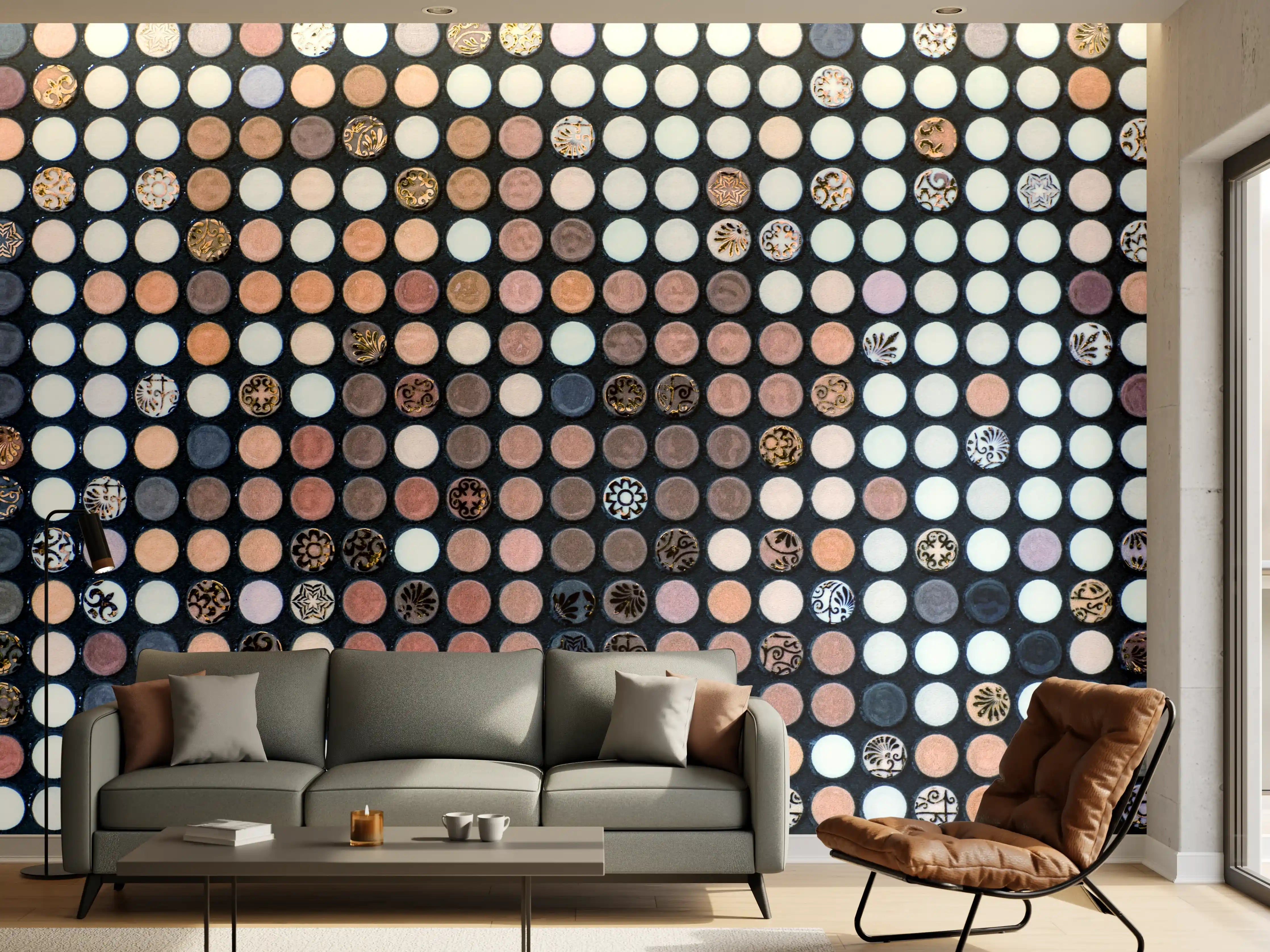 Wandverkleidung Wohnzimmer - Mosaikkunst mit bunten Kreisen