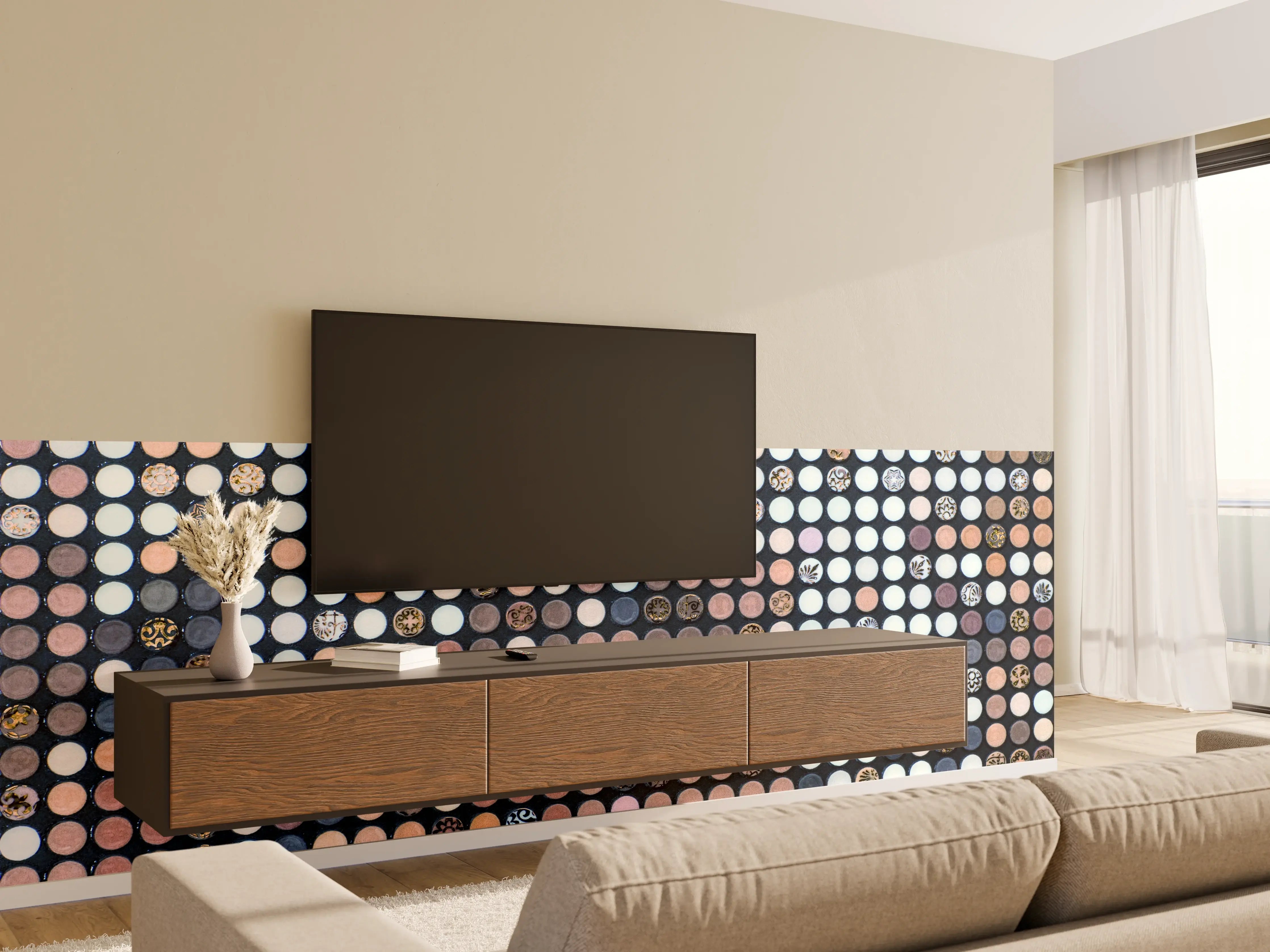 Wandverkleidung Wohnzimmer - Mosaikkunst mit bunten Kreisen
