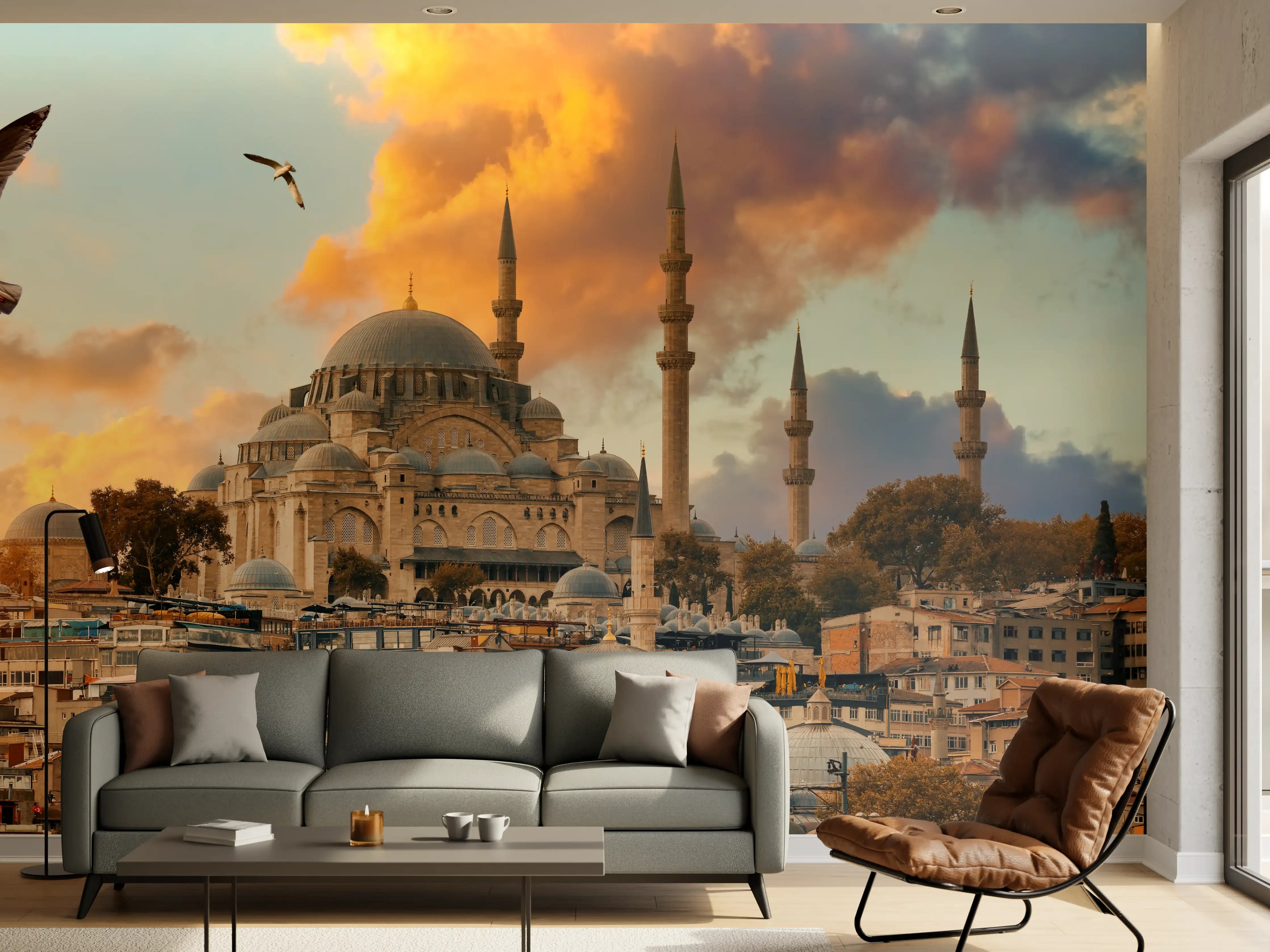 Wandverkleidung Wohnzimmer - Moscheen und Skyline bei Sonnenuntergang