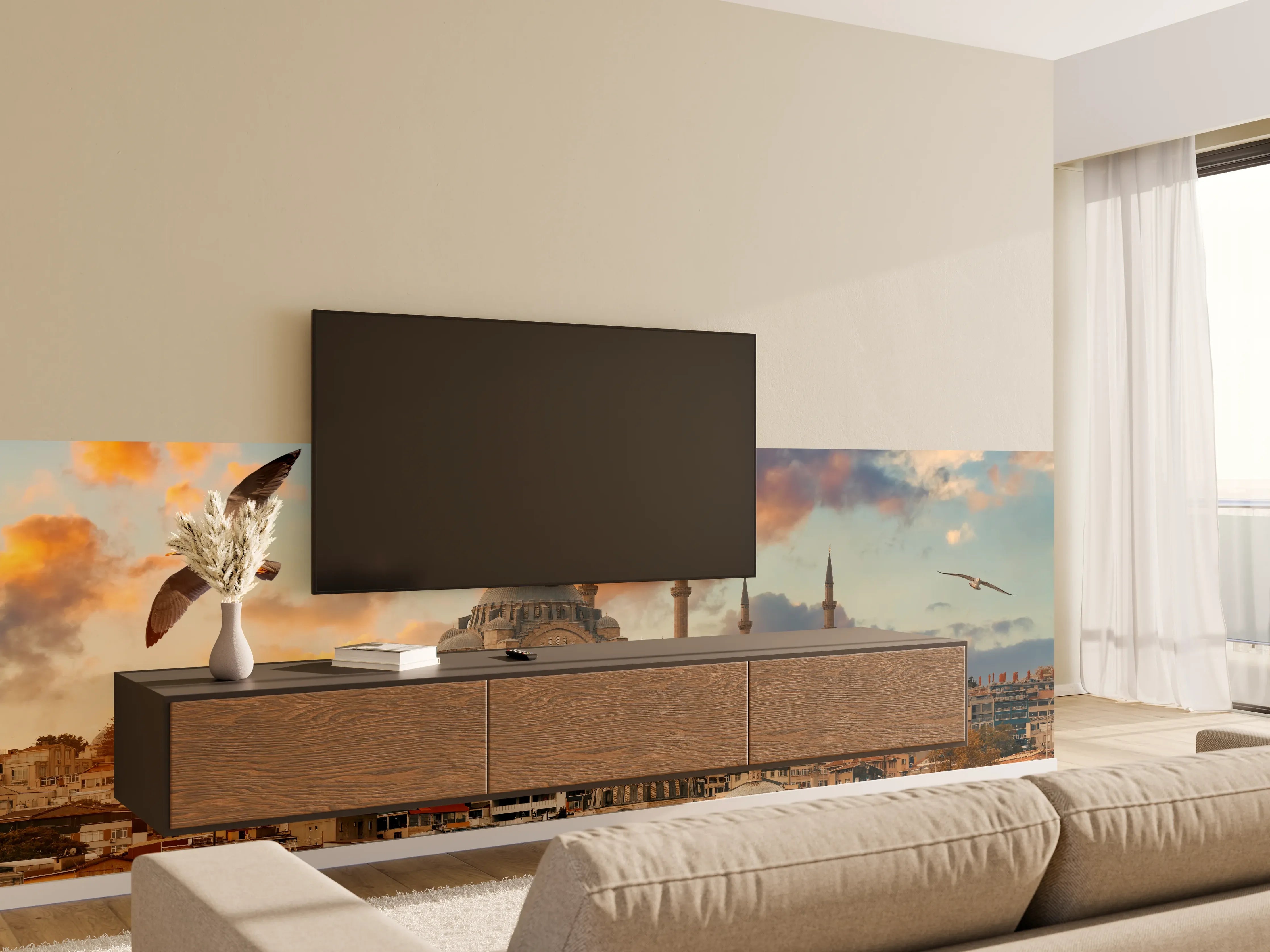 Wandverkleidung Wohnzimmer - Moscheen und Skyline bei Sonnenuntergang