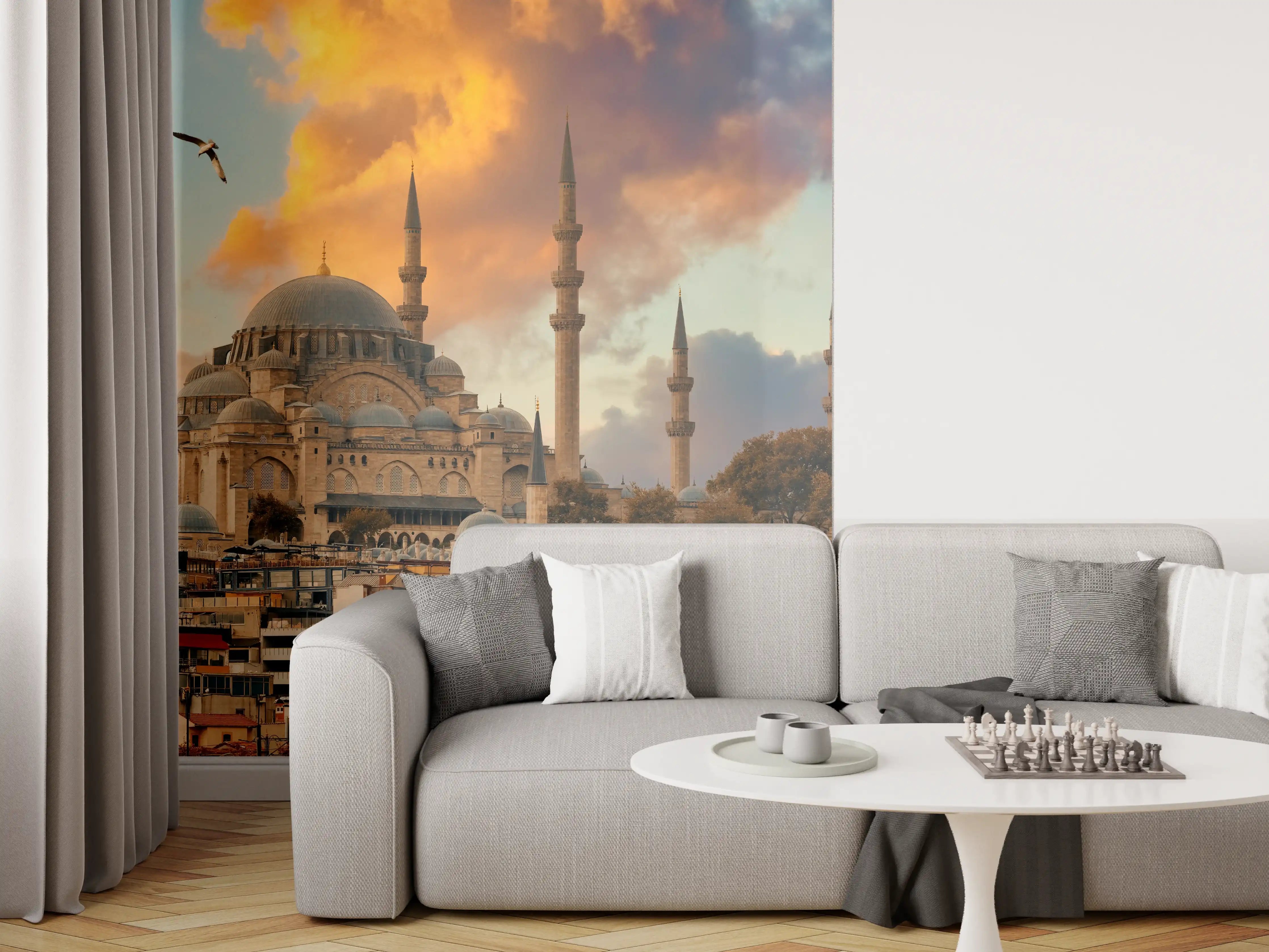 Wandverkleidung Wohnzimmer - Moscheen und Skyline bei Sonnenuntergang