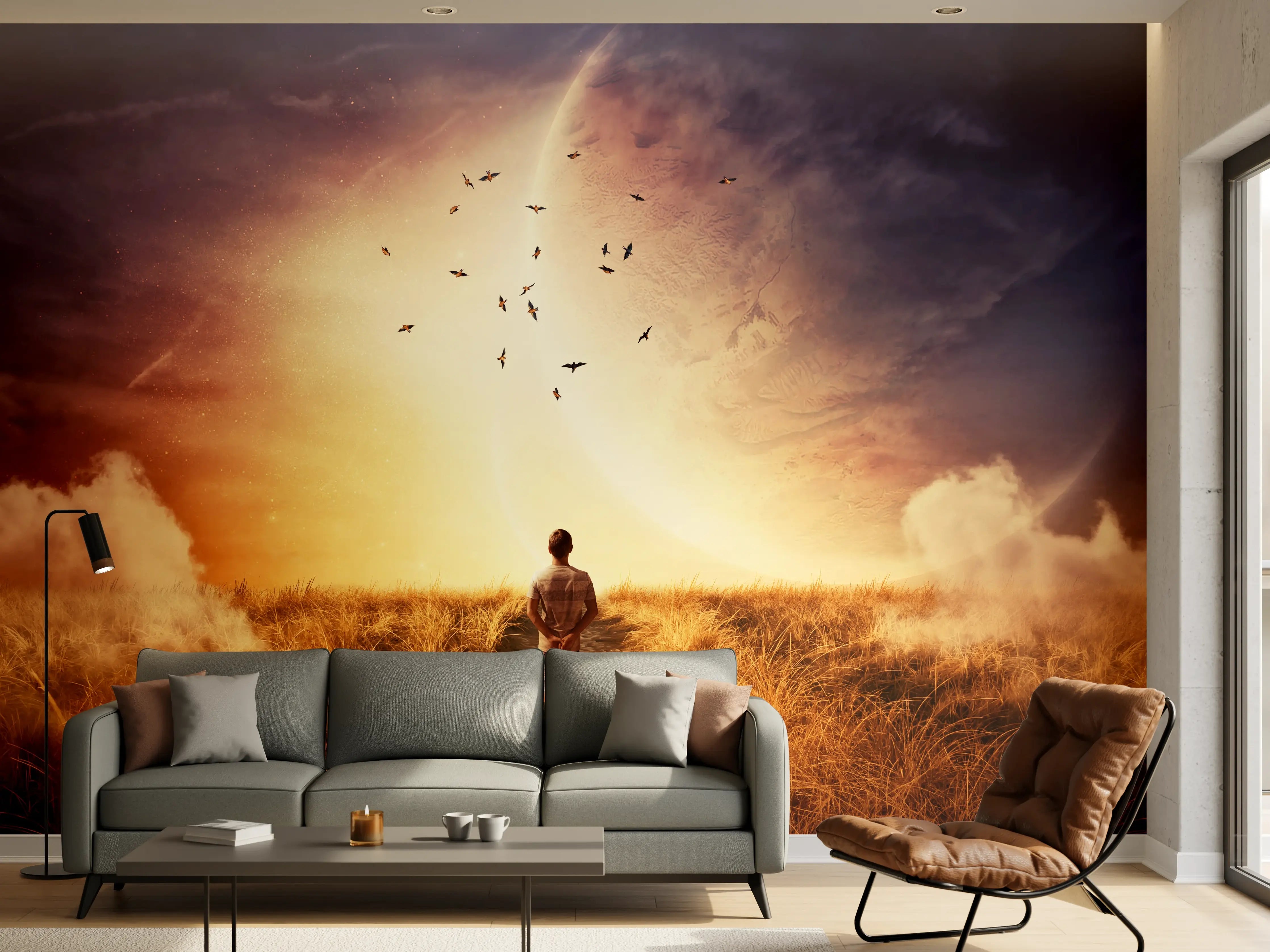Wandverkleidung Wohnzimmer - Motiv mit Sonnenuntergang und Vogelzug