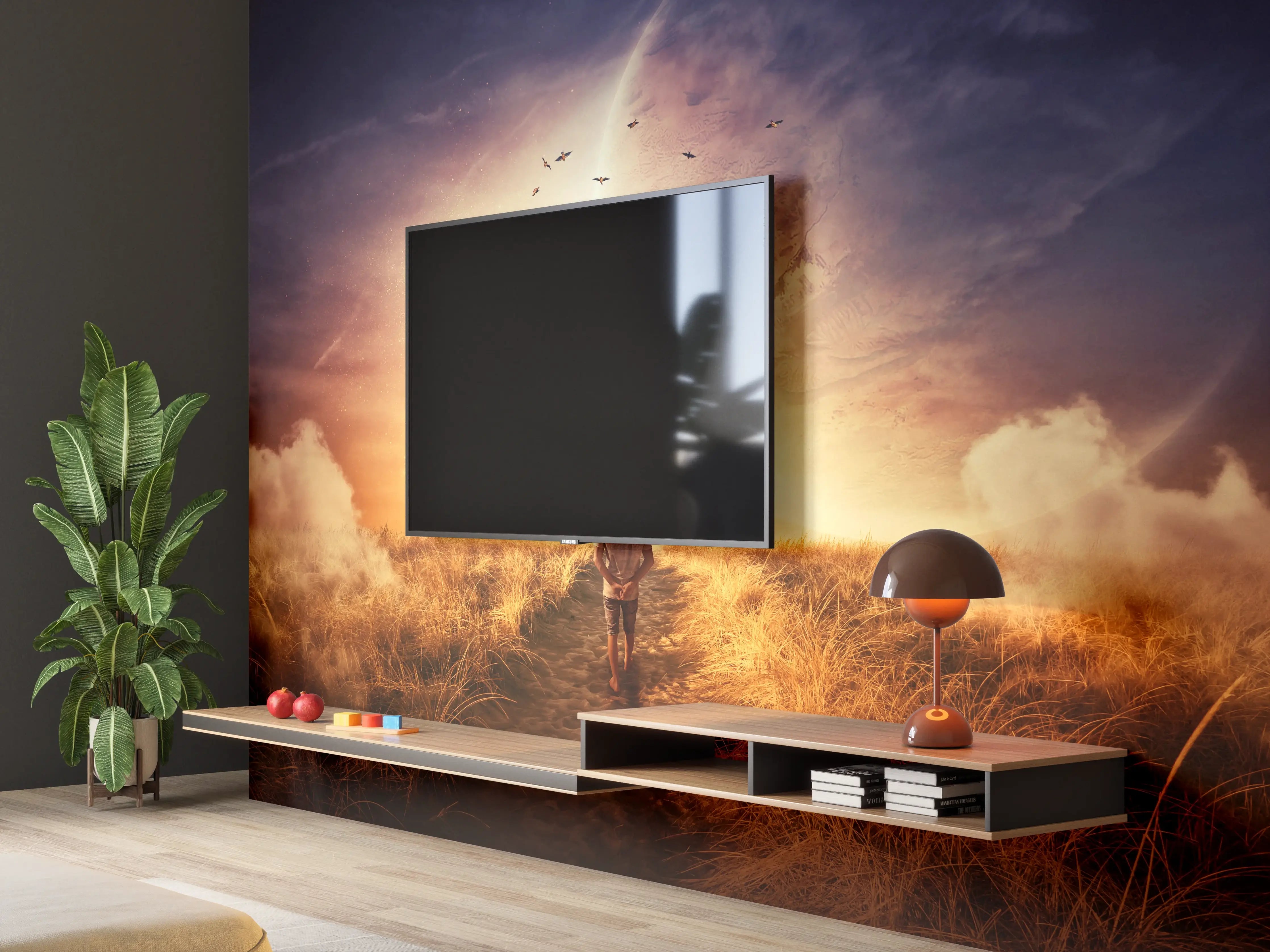 Wandverkleidung Wohnzimmer - Motiv mit Sonnenuntergang und Vogelzug