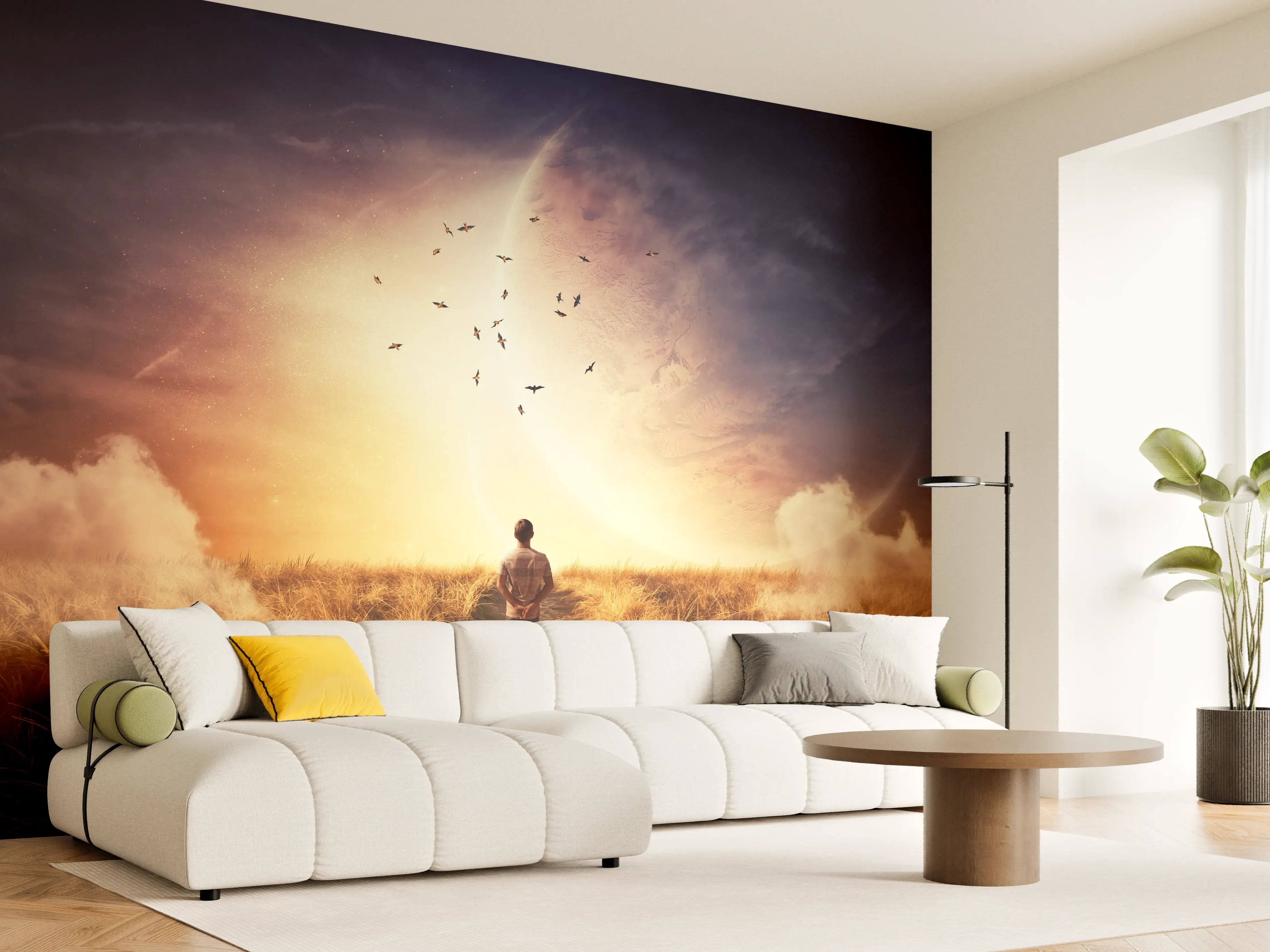 Wandverkleidung Wohnzimmer - Motiv mit Sonnenuntergang und Vogelzug