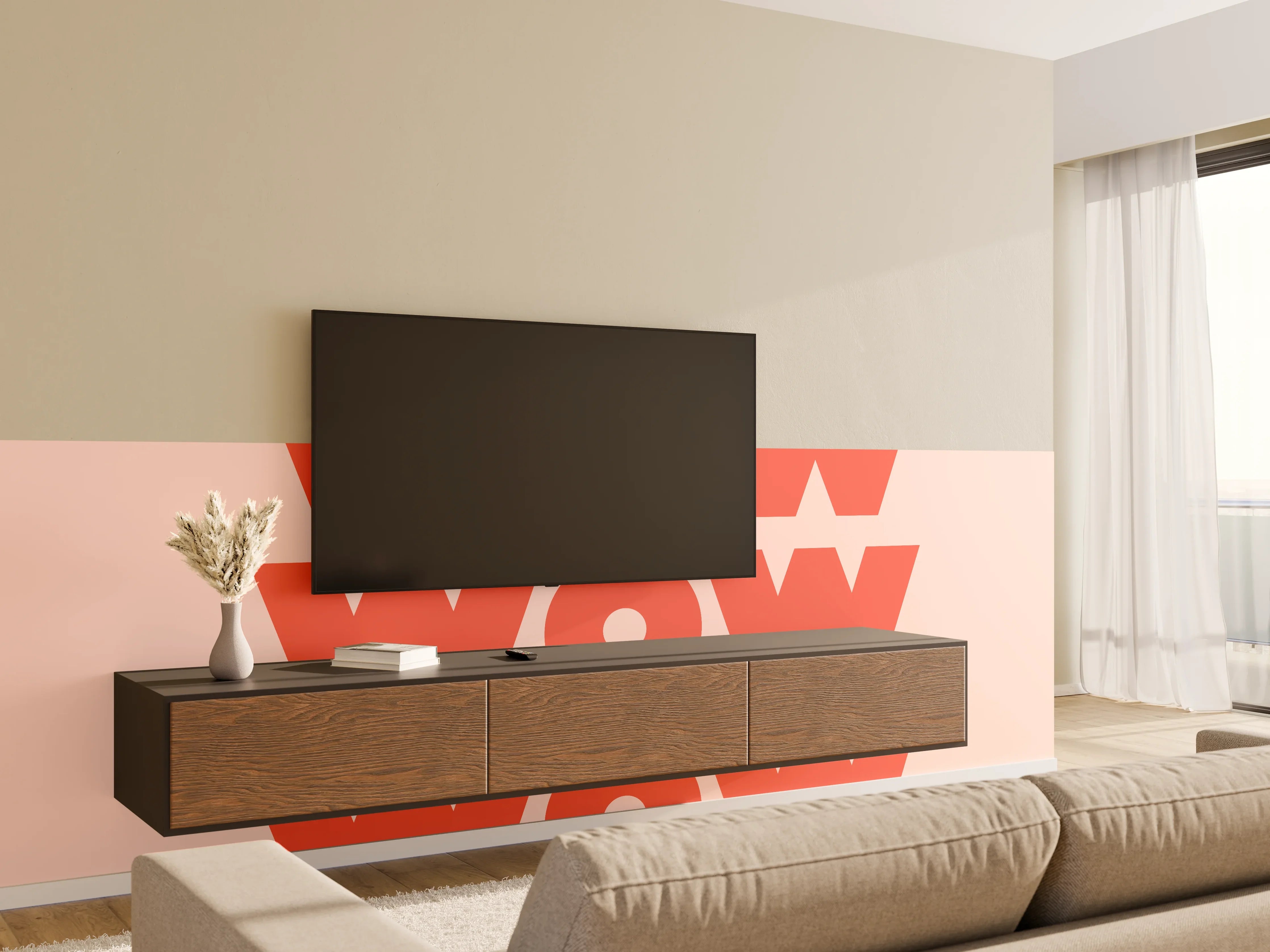 Wandverkleidung Wohnzimmer - Motivationaler 'WOW' Typografie-Print
