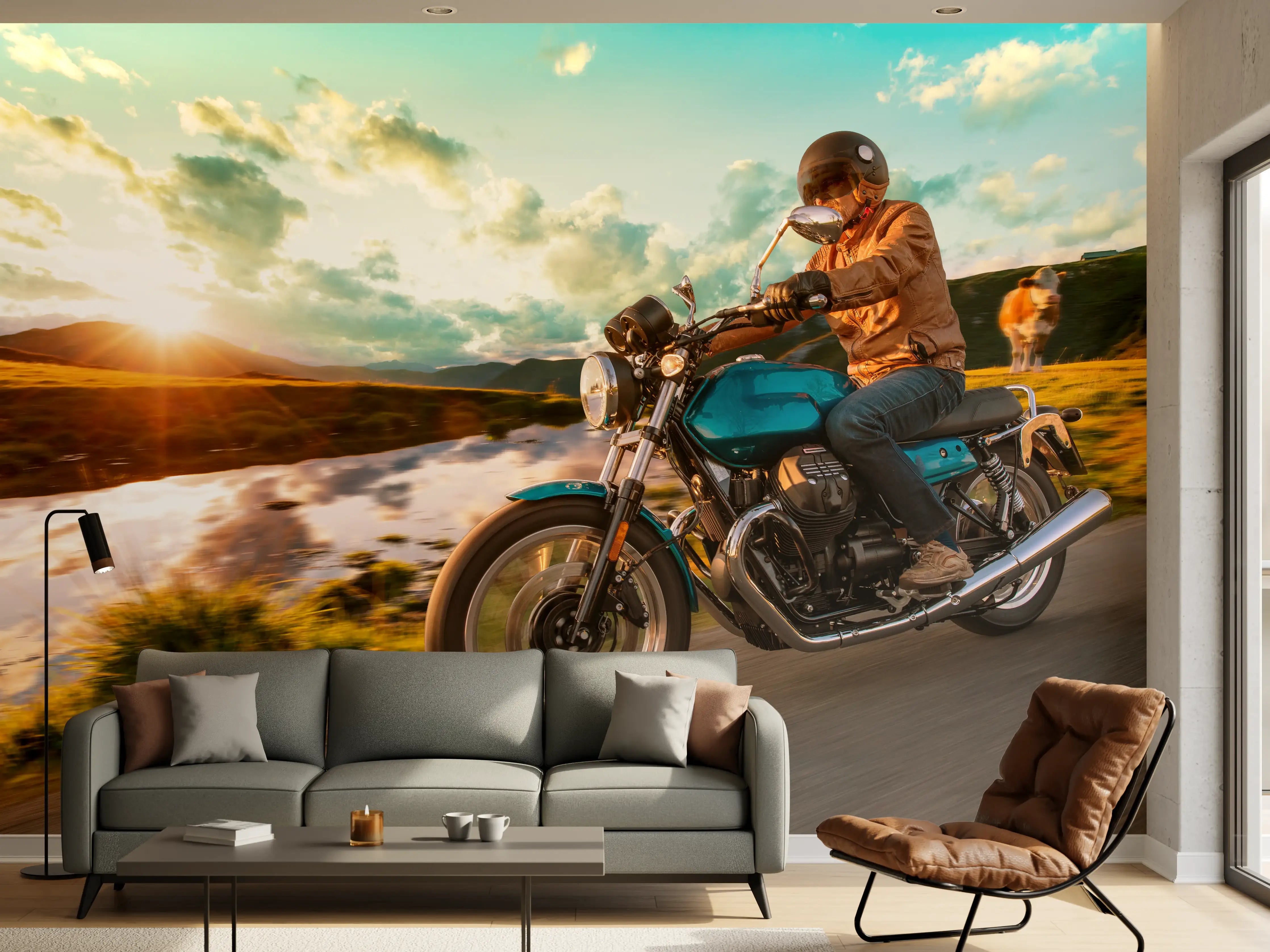 Wandverkleidung Wohnzimmer - Motorradfahrer auf der Alpenautobahn