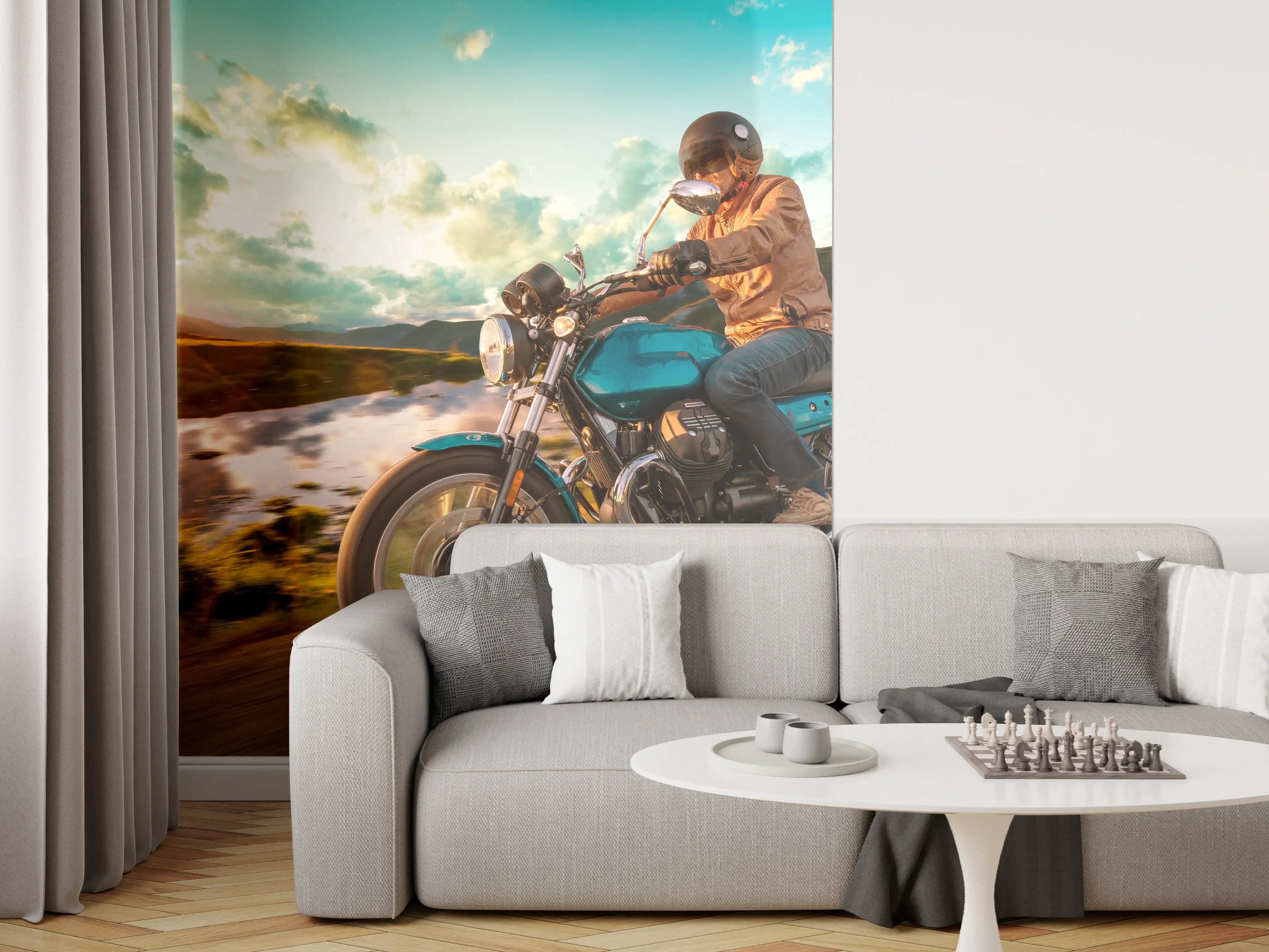 Wandverkleidung Wohnzimmer - Motorradfahrer auf der Alpenautobahn