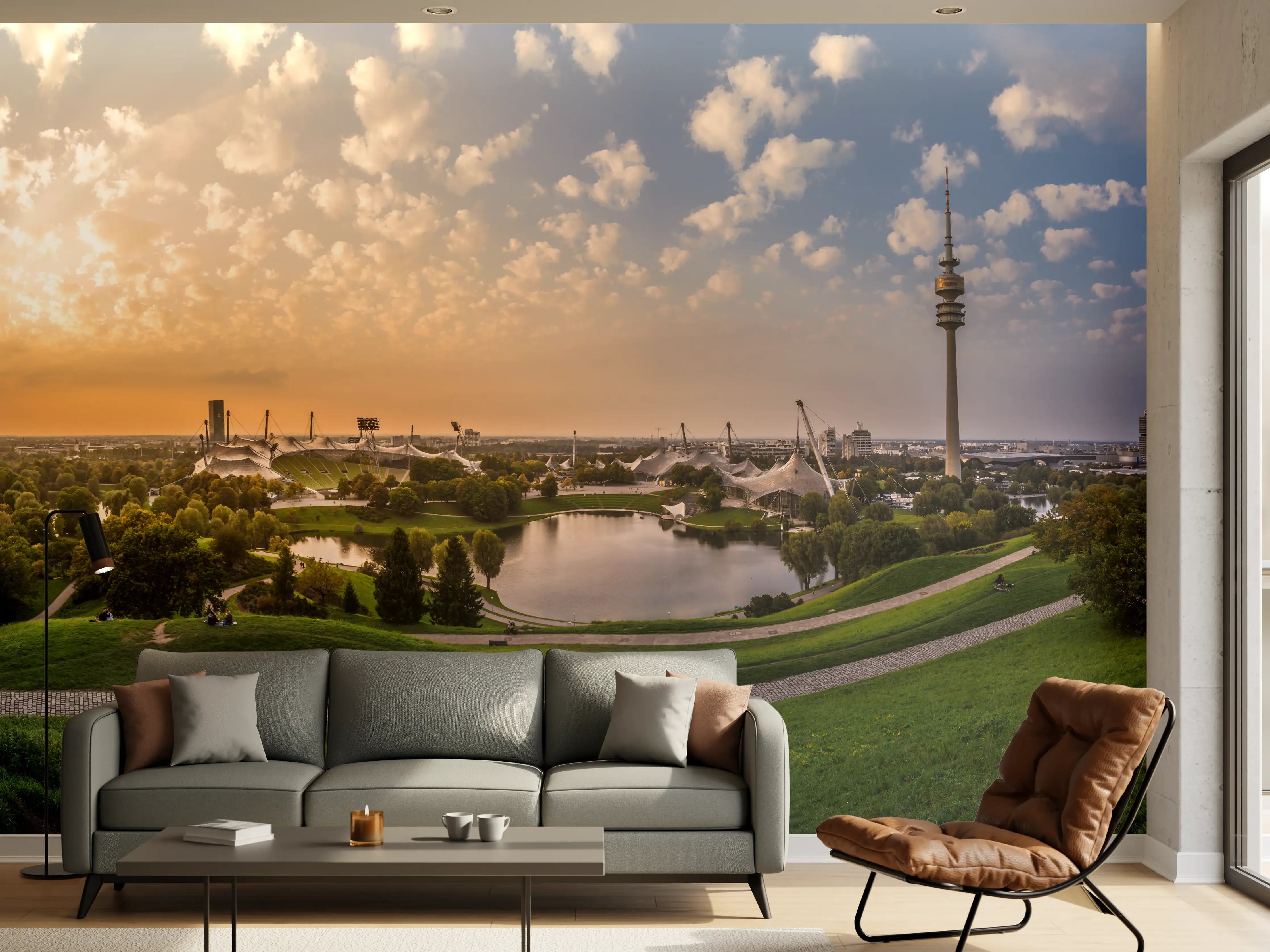 Wandverkleidung Wohnzimmer - München Olympiaberg mit Sonnenuntergang