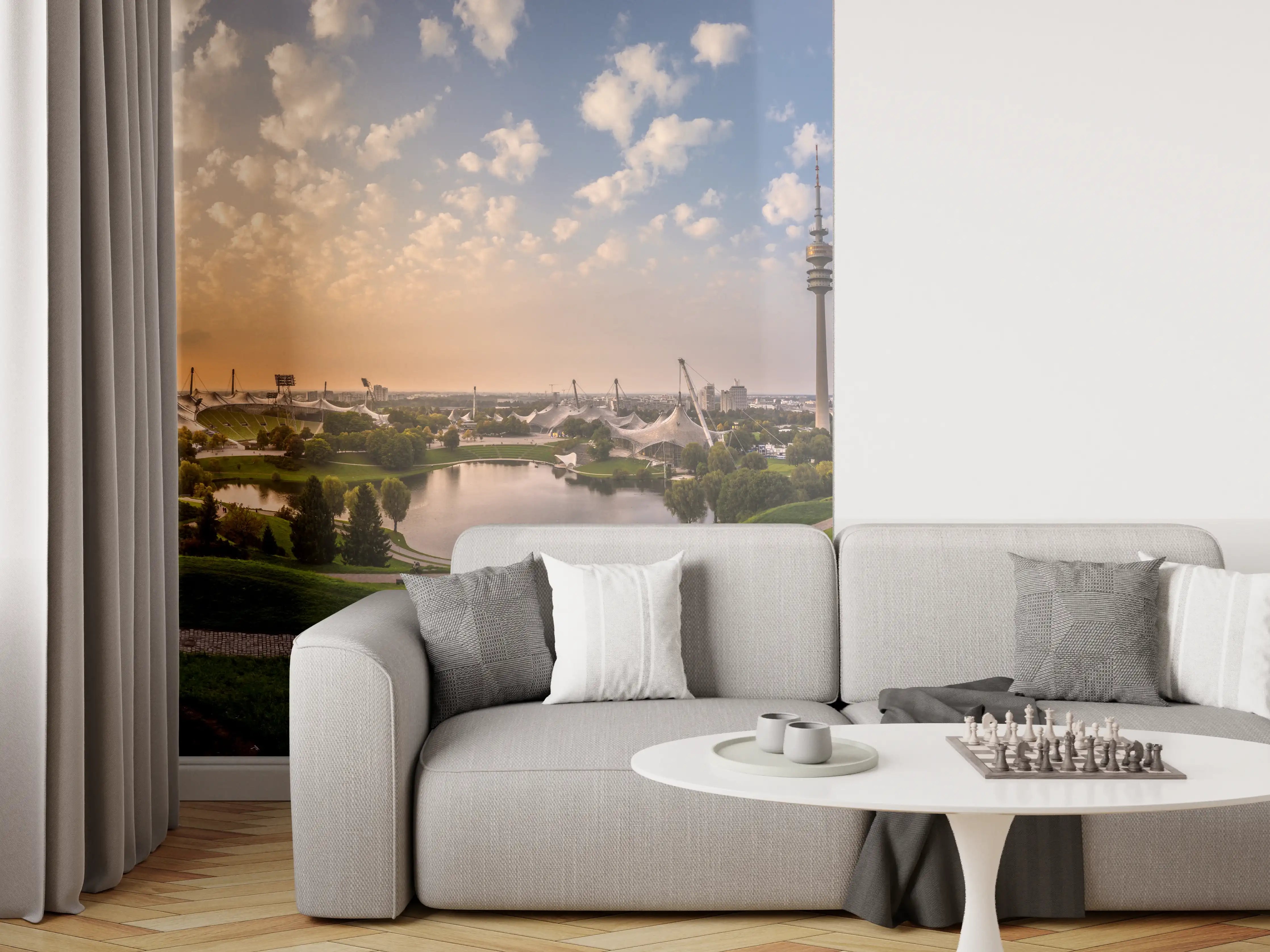 Wandverkleidung Wohnzimmer - München Olympiaberg mit Sonnenuntergang