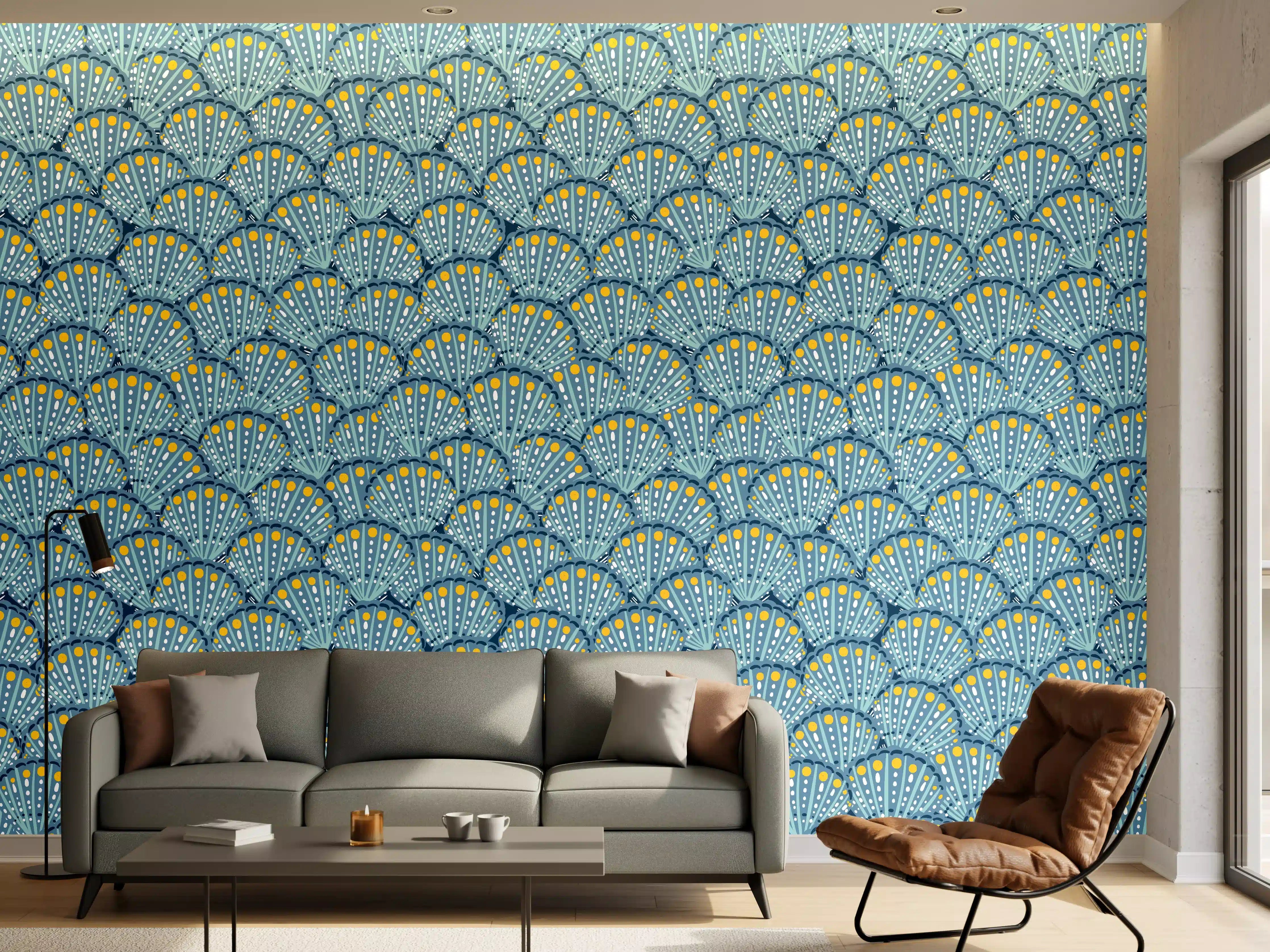 Wandverkleidung Wohnzimmer - Muschel-Muster Blau-Gelb