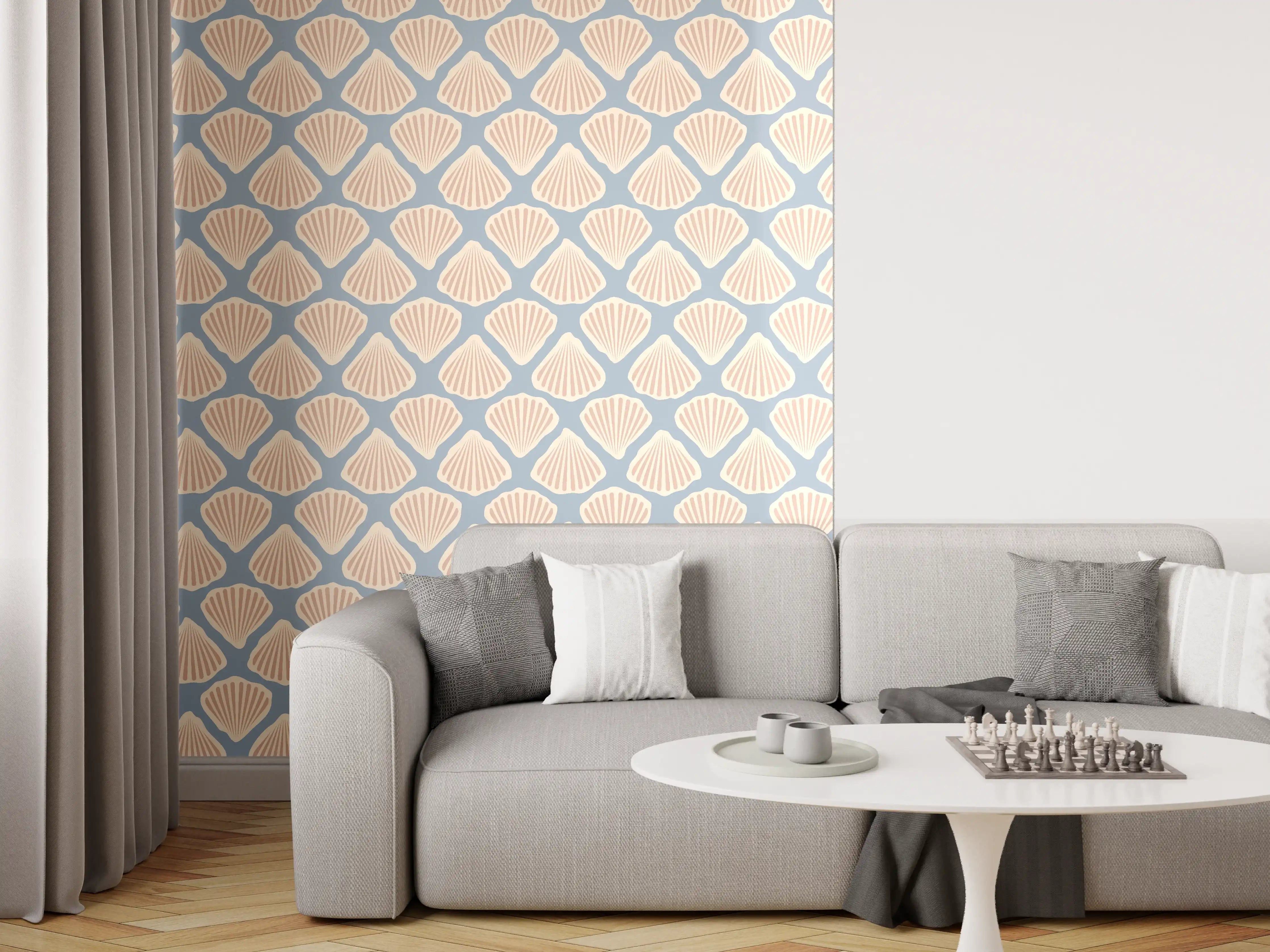Wandverkleidung Wohnzimmer - Muschel-Muster Türkis-Beige Tapete