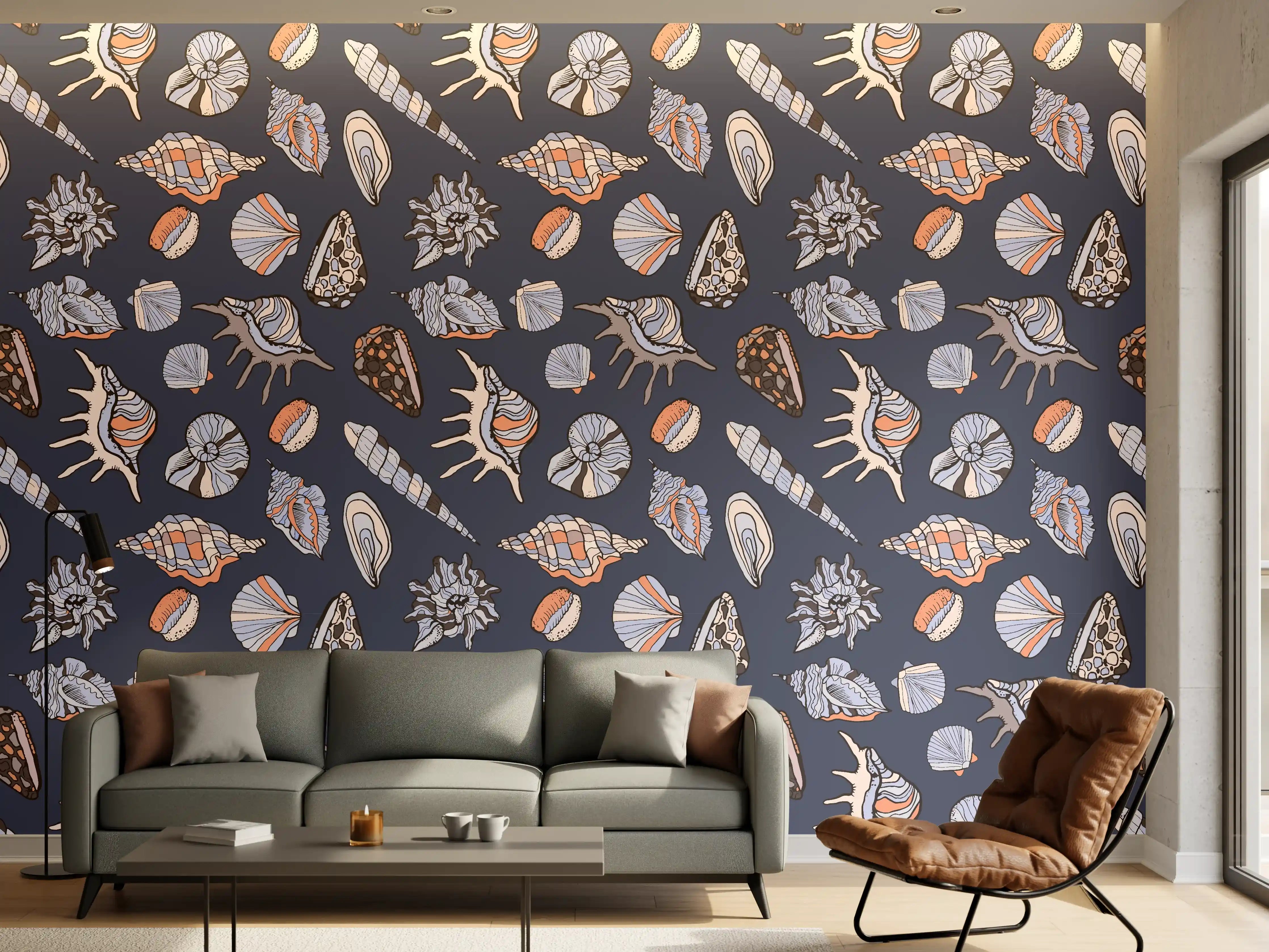 Wandverkleidung Wohnzimmer - Muschelmuster Navy Beige Orange