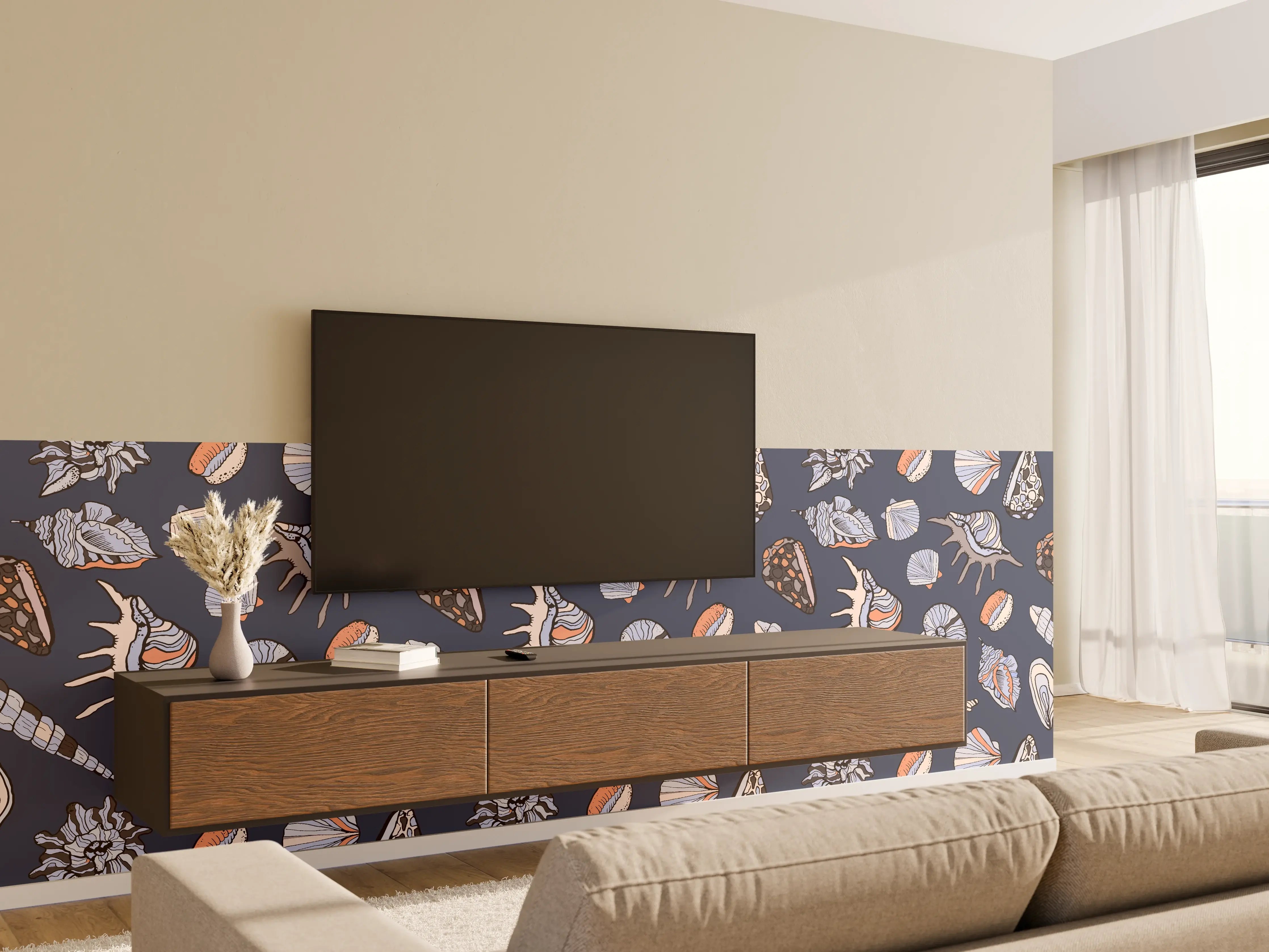 Wandverkleidung Wohnzimmer - Muschelmuster Navy Beige Orange