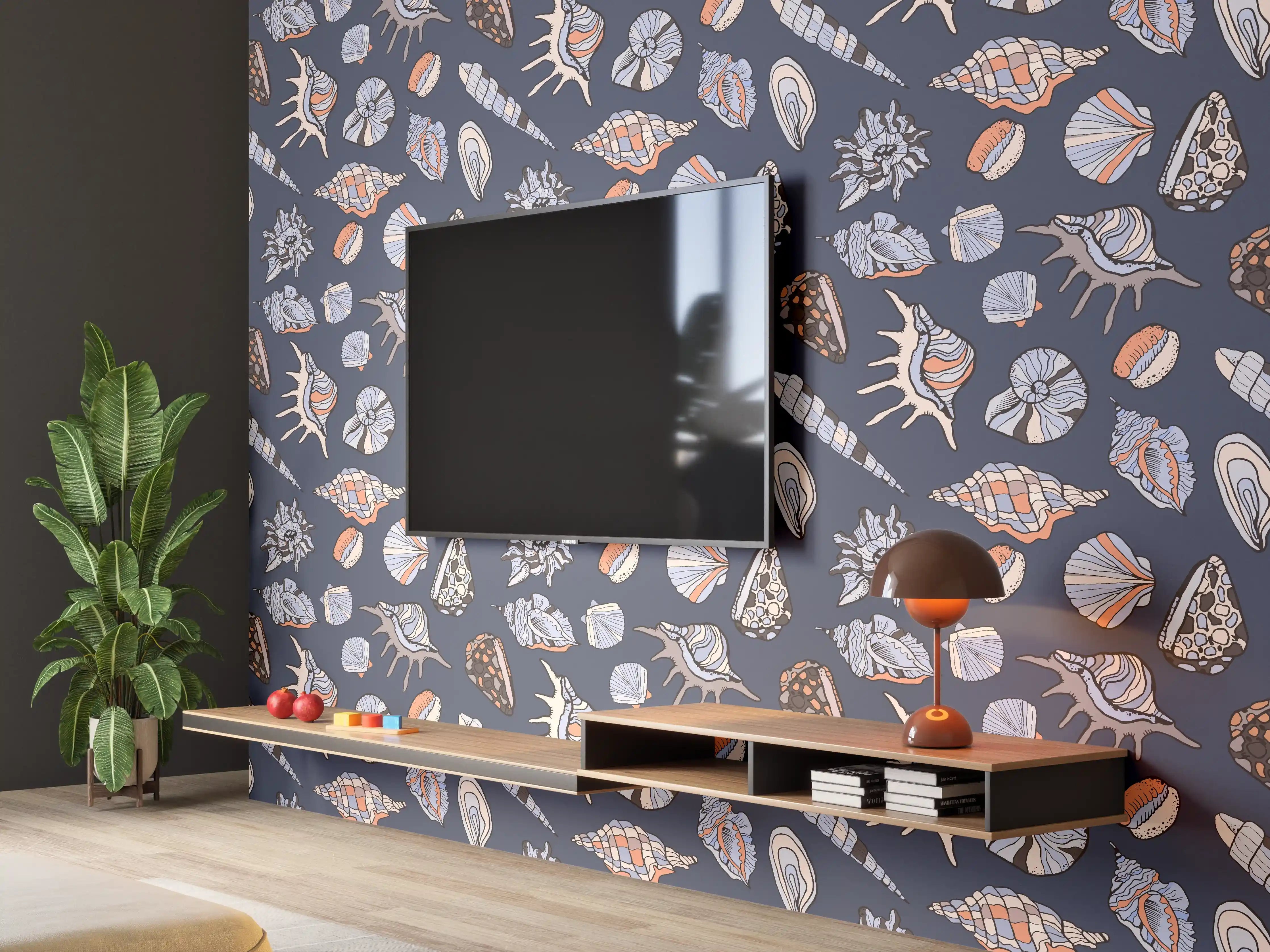 Wandverkleidung Wohnzimmer - Muschelmuster Navy Beige Orange