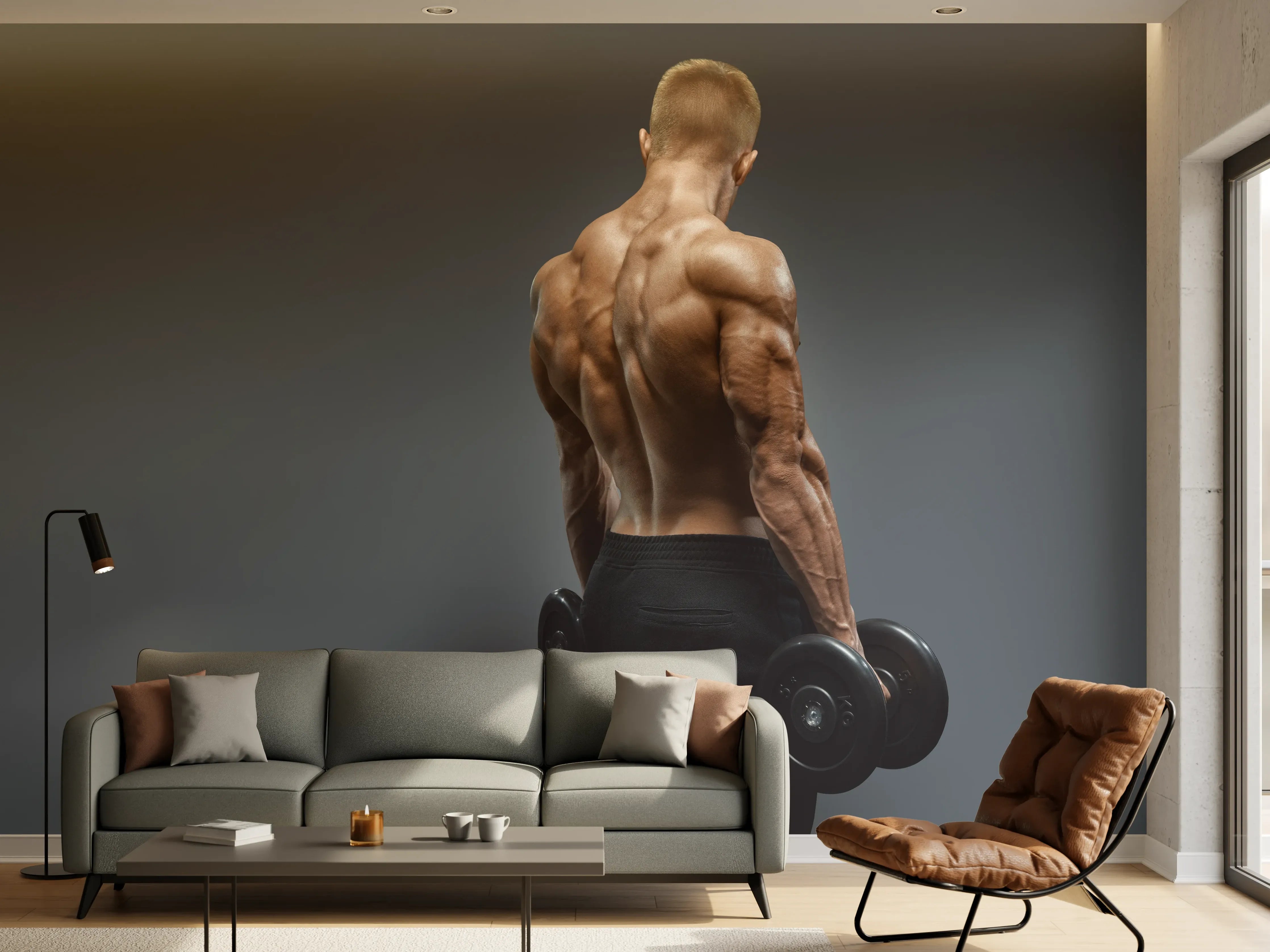 Wandverkleidung Wohnzimmer - Muskulöser Sportler mit Hanteln