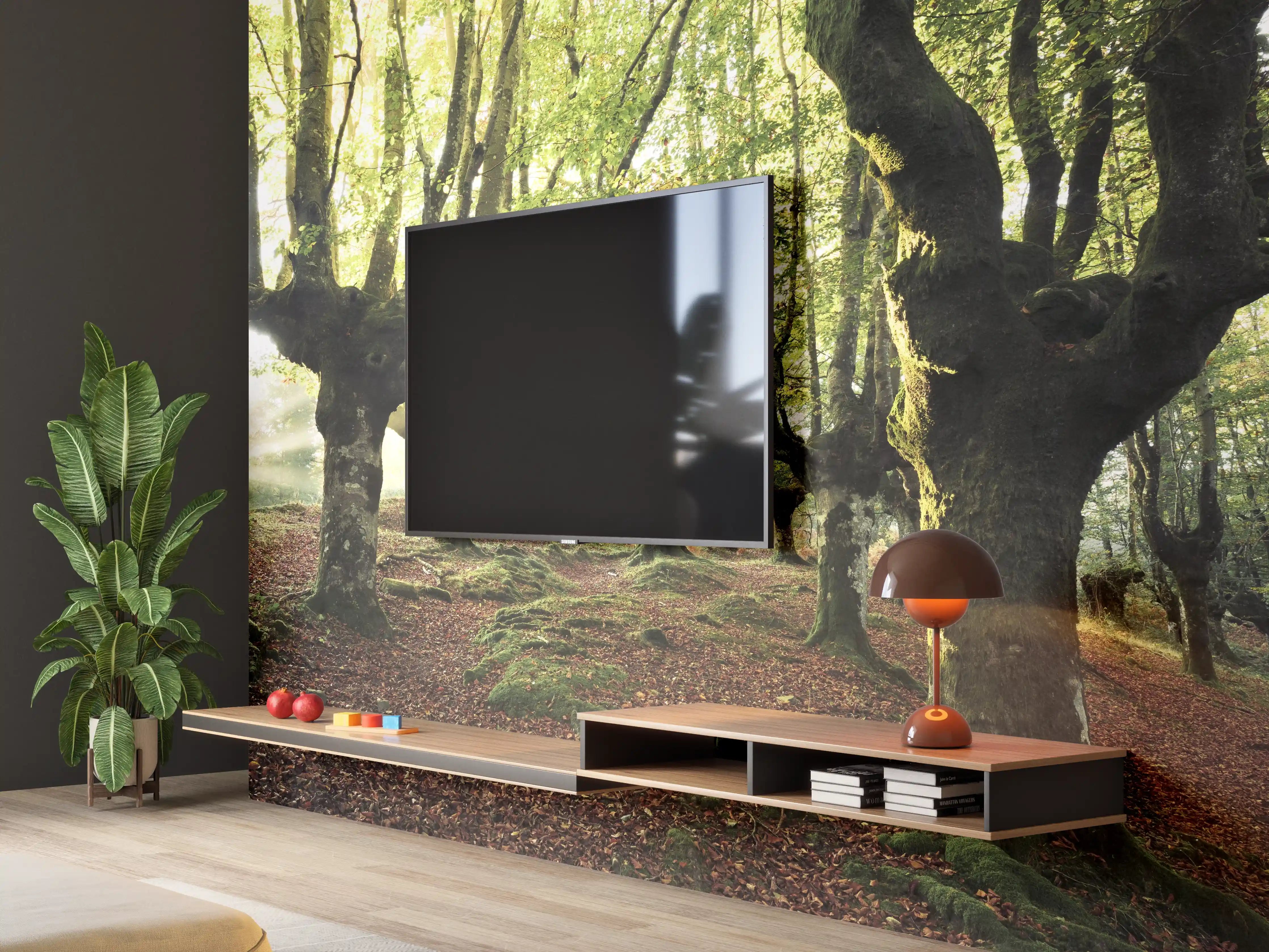 Wandverkleidung Wohnzimmer - Mystische Baumreihe im Grünen