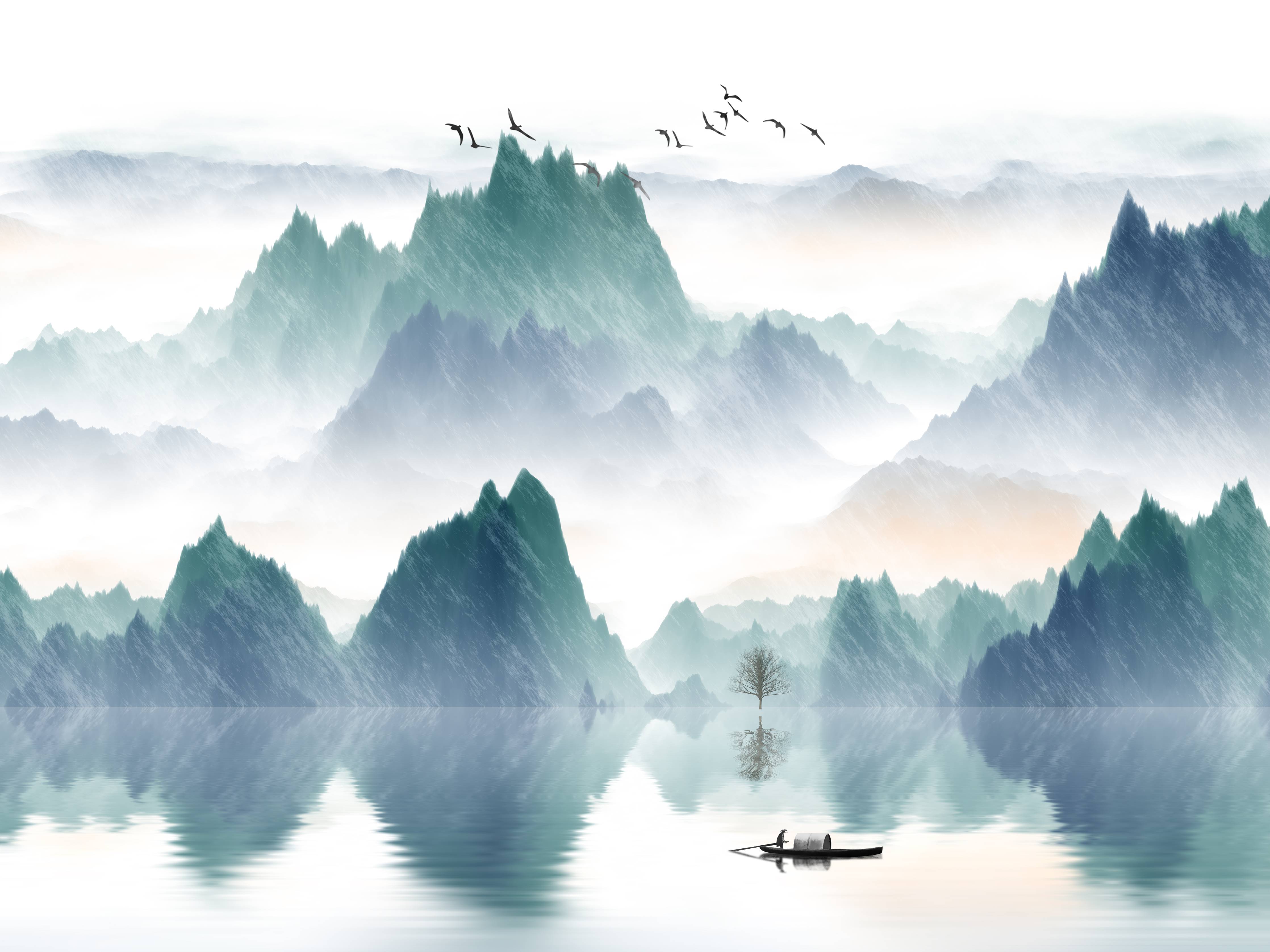 Wandverkleidung Wohnzimmer-Mystische Berglandschaft mit Wasser und Vögeln