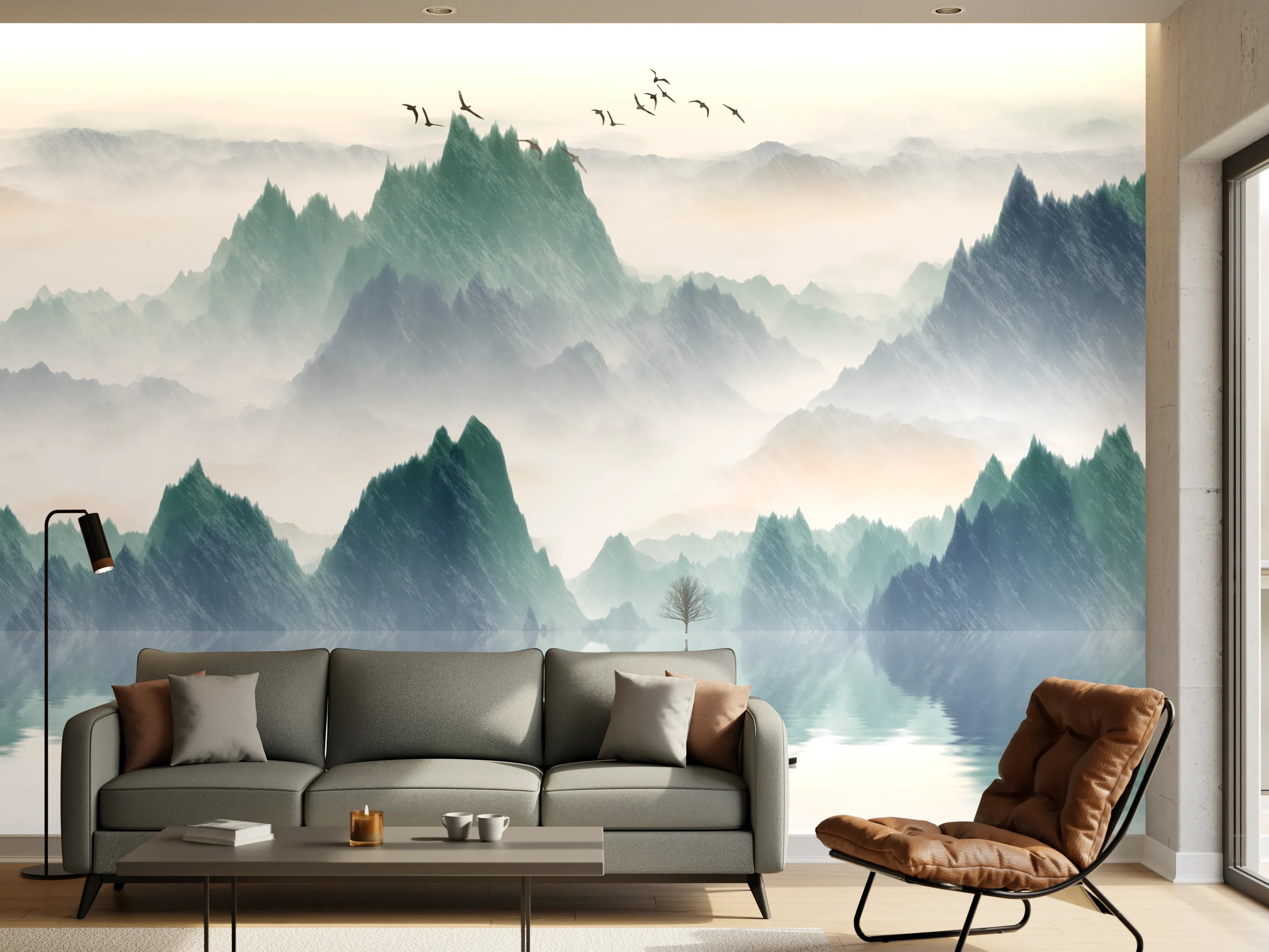 Wandverkleidung Wohnzimmer - Mystische Berglandschaft mit Wasser und Vögeln
