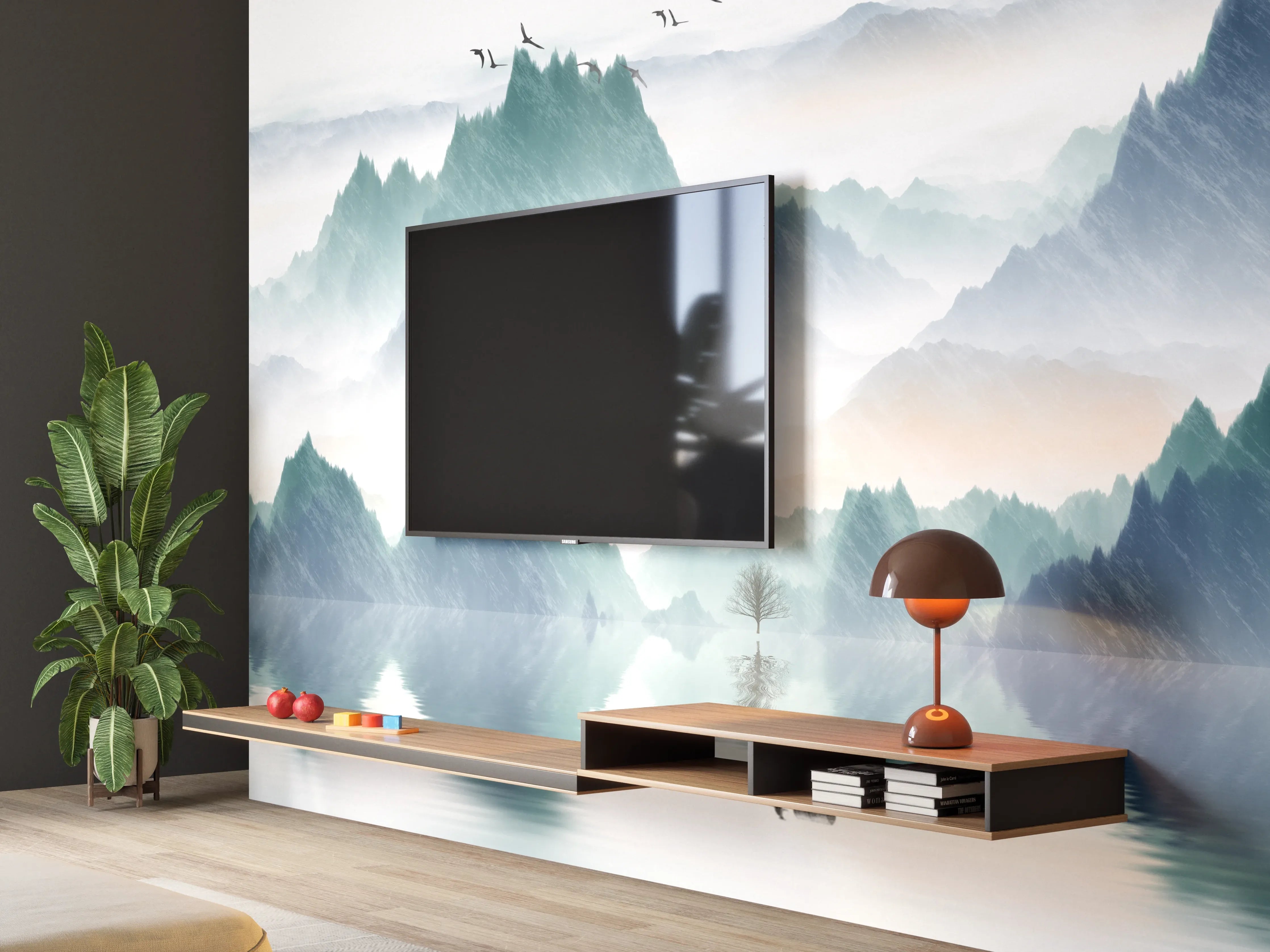 Wandverkleidung Wohnzimmer - Mystische Berglandschaft mit Wasser und Vögeln