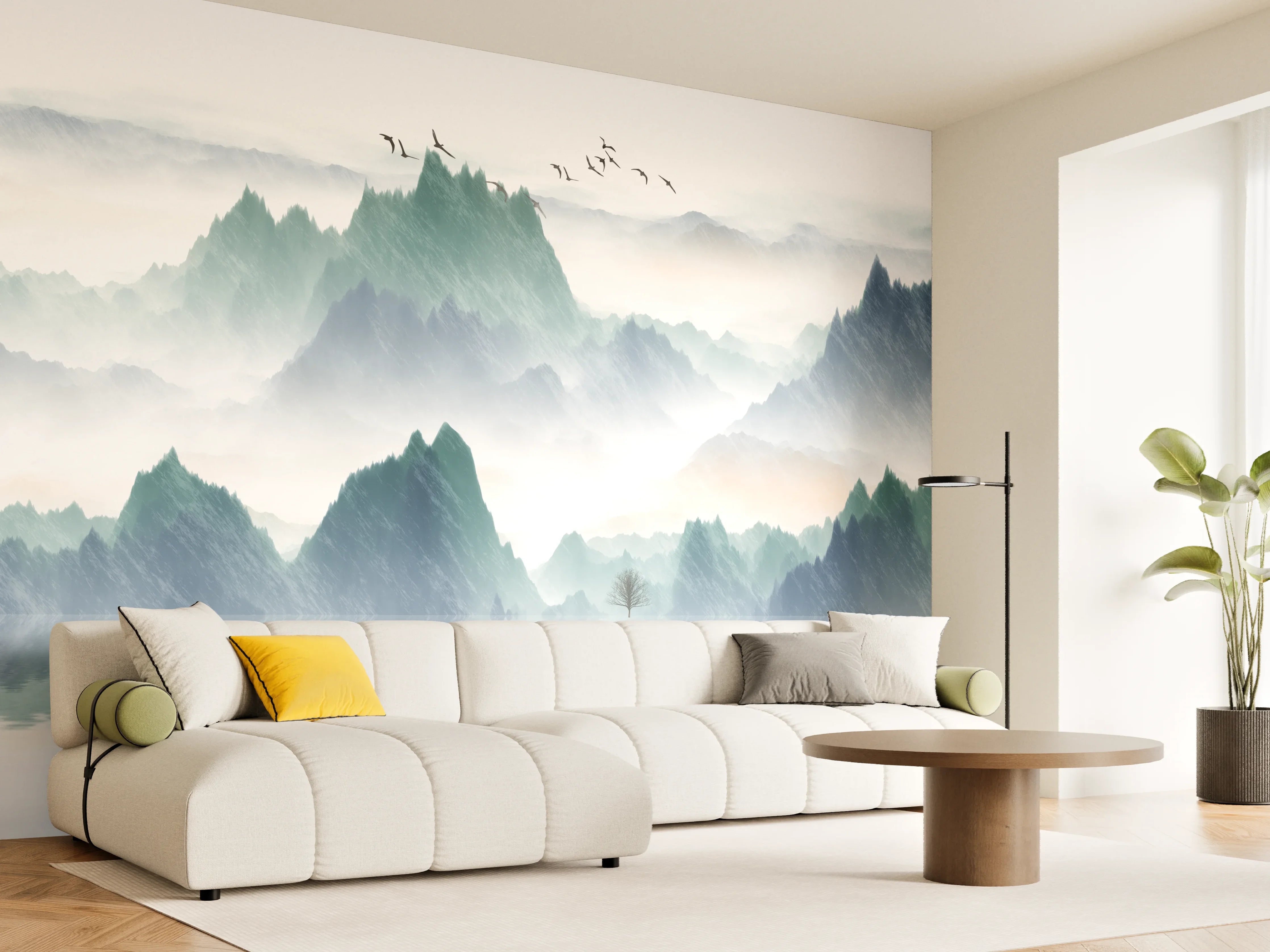 Wandverkleidung Wohnzimmer - Mystische Berglandschaft mit Wasser und Vögeln