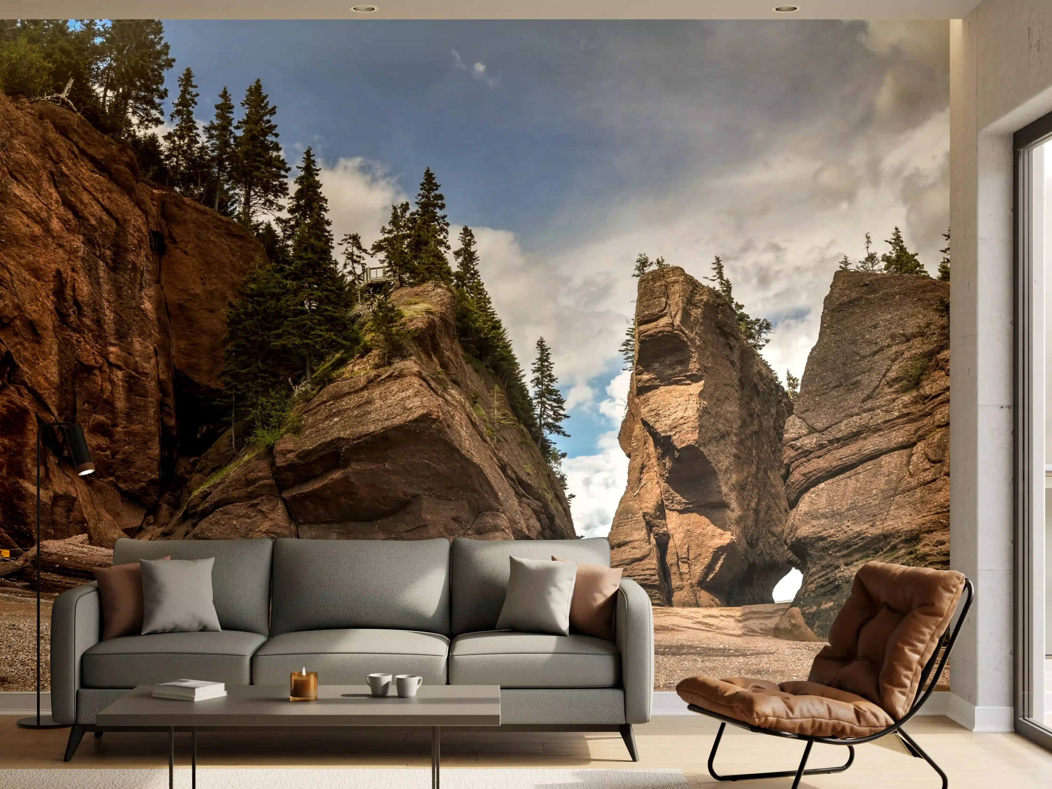 Wandverkleidung Wohnzimmer - Mystische Felsformationen am Strand bei Sonnenuntergang