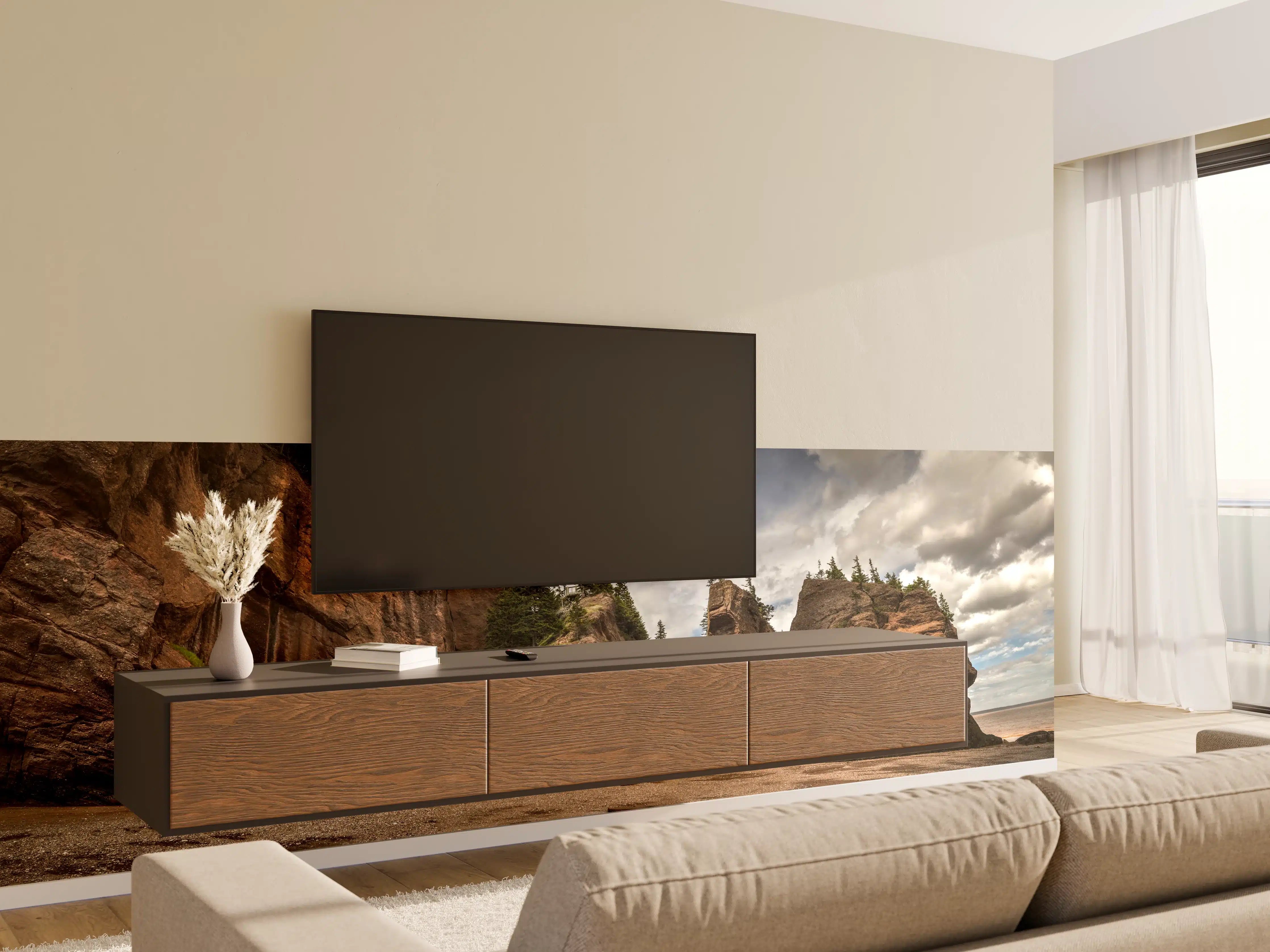 Wandverkleidung Wohnzimmer - Mystische Felsformationen am Strand bei Sonnenuntergang