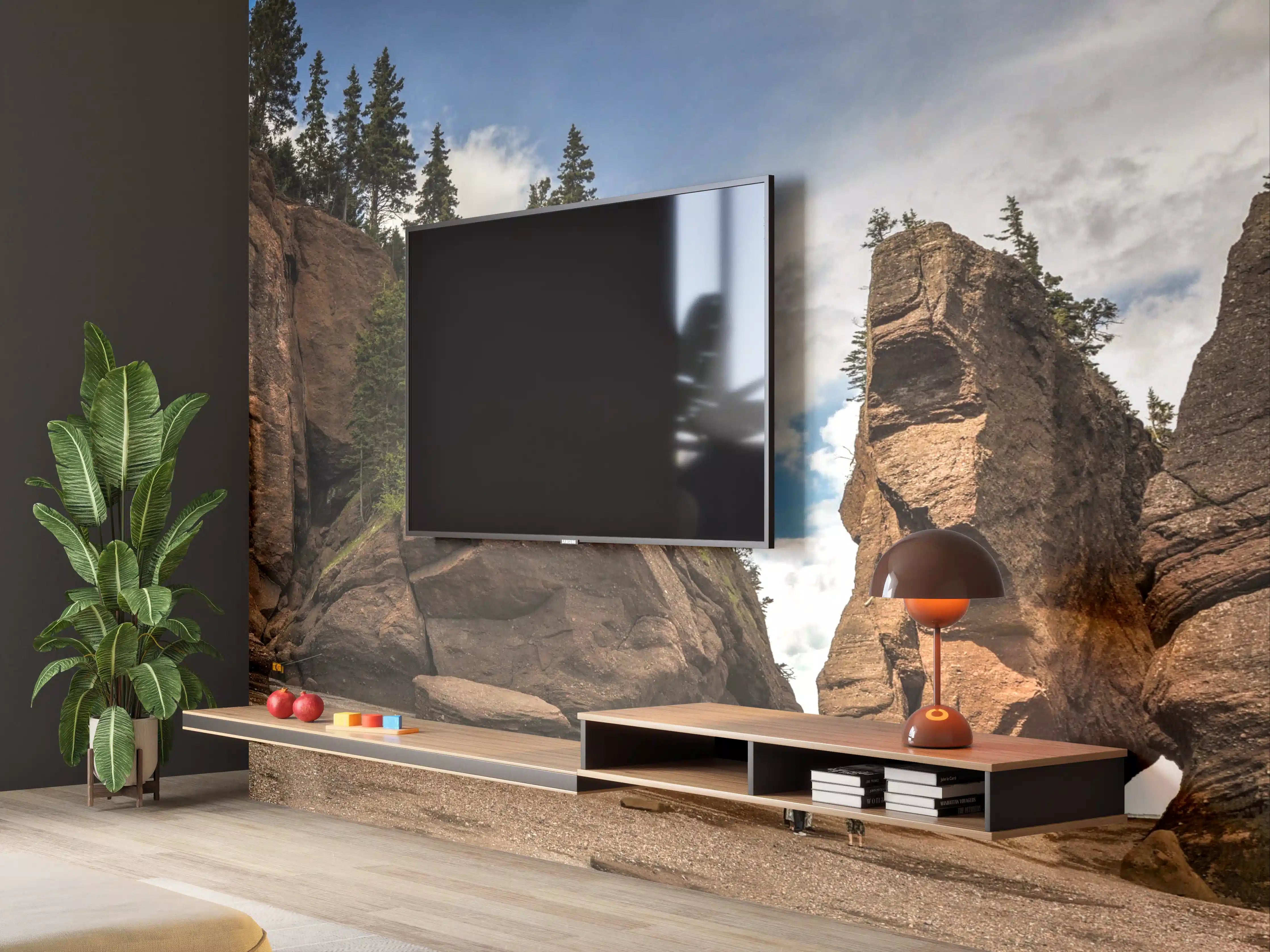 Wandverkleidung Wohnzimmer - Mystische Felsformationen am Strand bei Sonnenuntergang