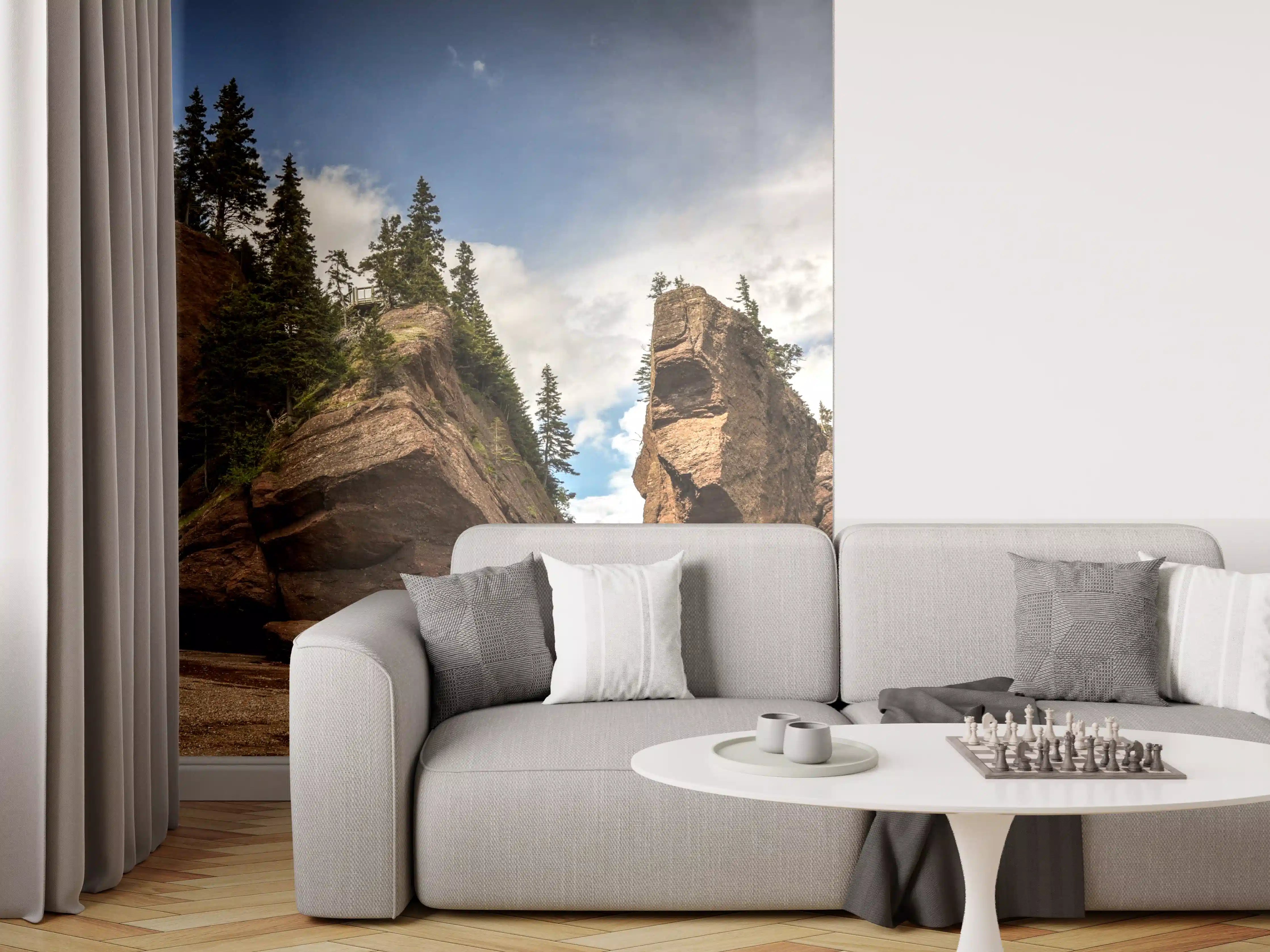 Wandverkleidung Wohnzimmer - Mystische Felsformationen am Strand bei Sonnenuntergang