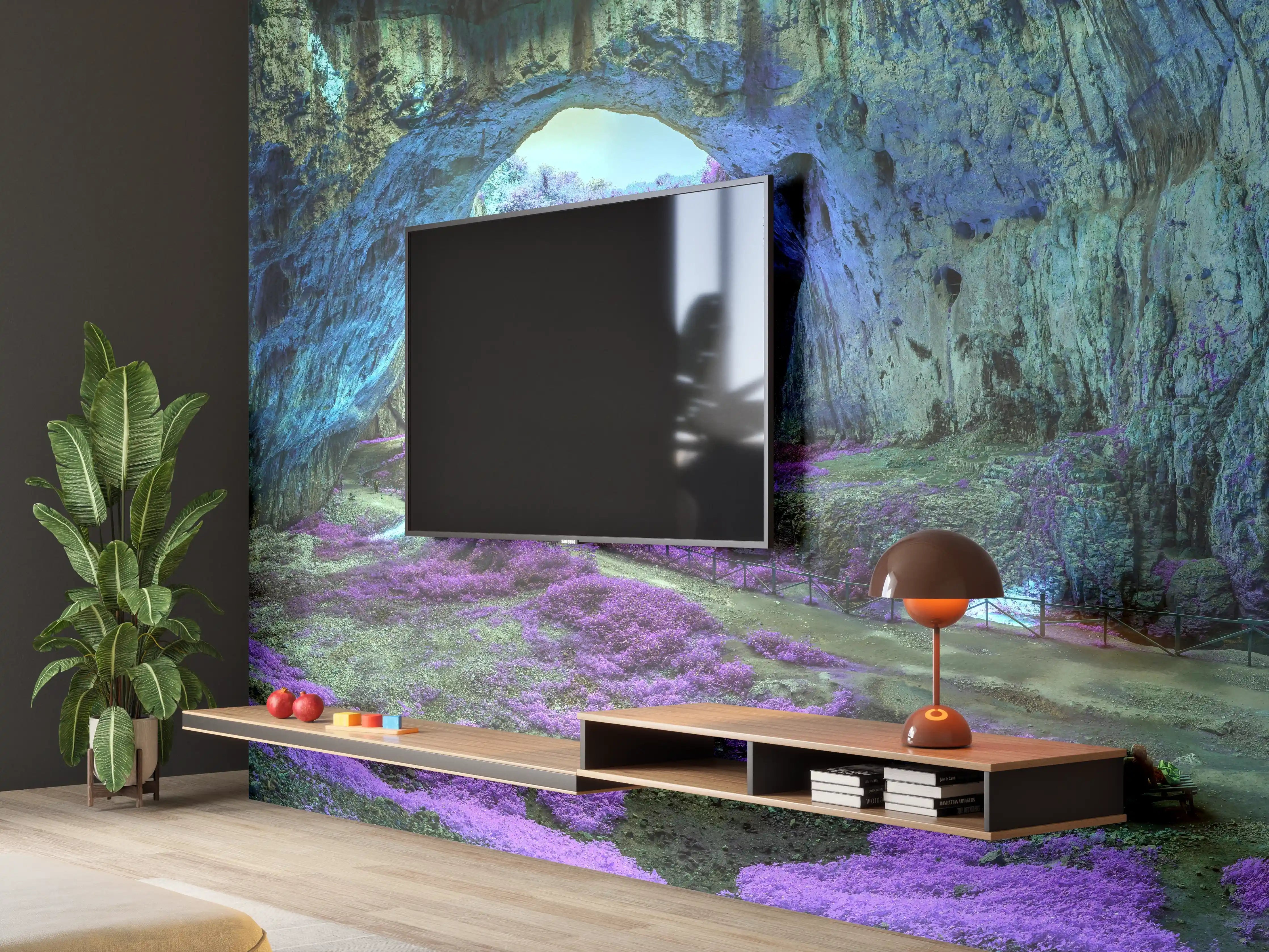 Wandverkleidung Wohnzimmer - Mystische Höhle in fantastisch leuchtenden Farben