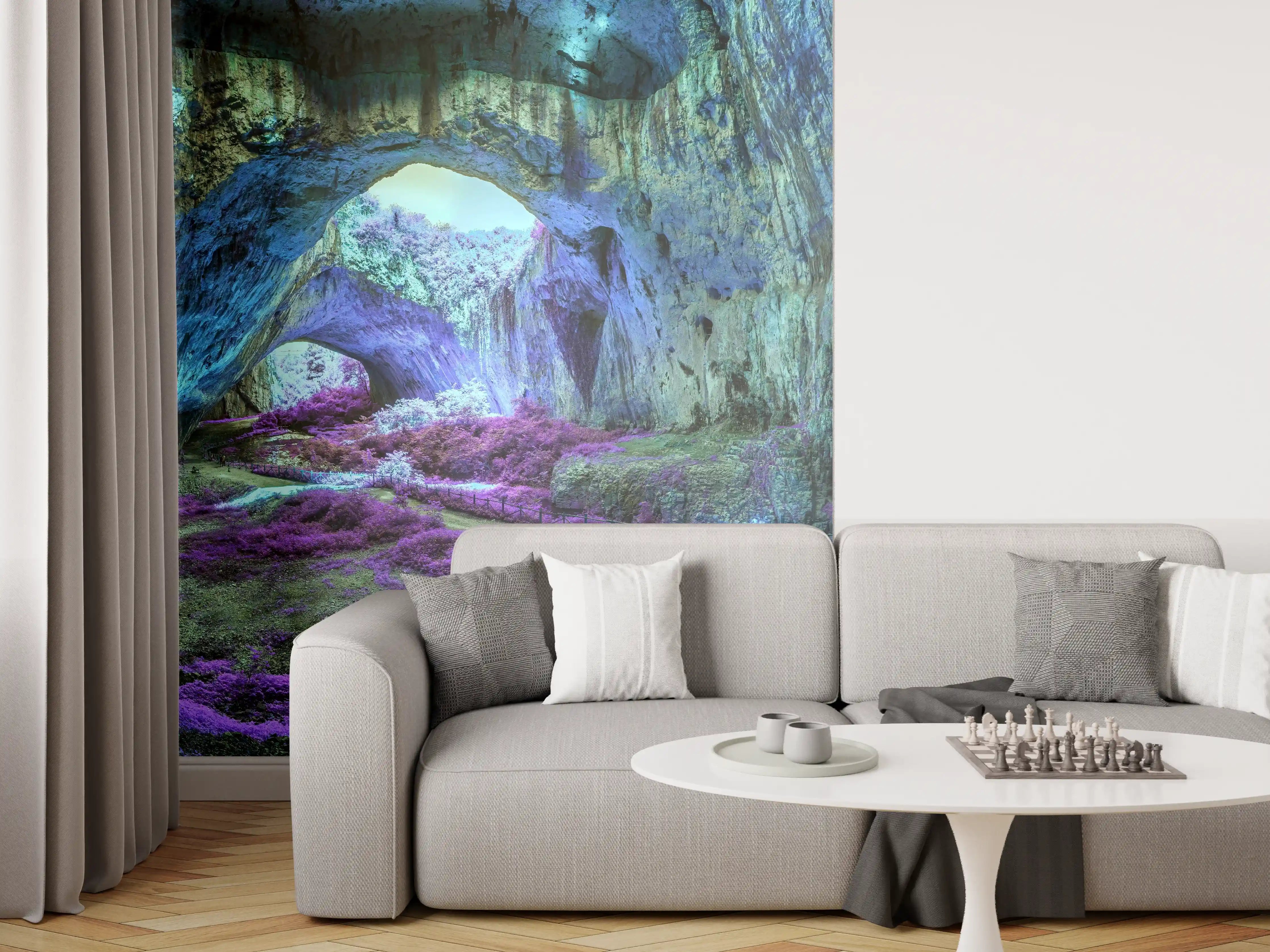 Wandverkleidung Wohnzimmer - Mystische Höhle in fantastisch leuchtenden Farben