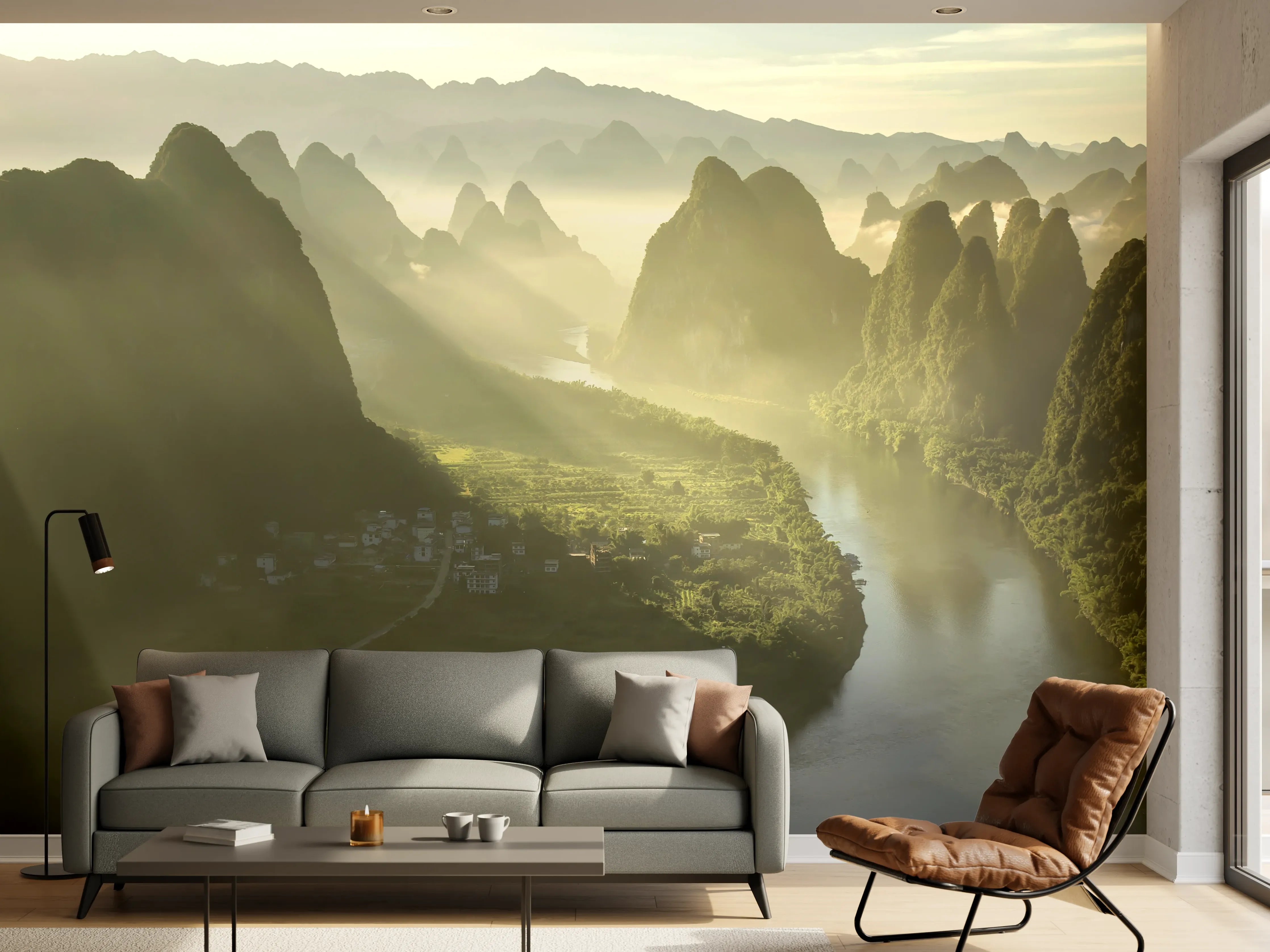 Wandverkleidung Wohnzimmer - Mystische Karstberge und Flusslandschaft