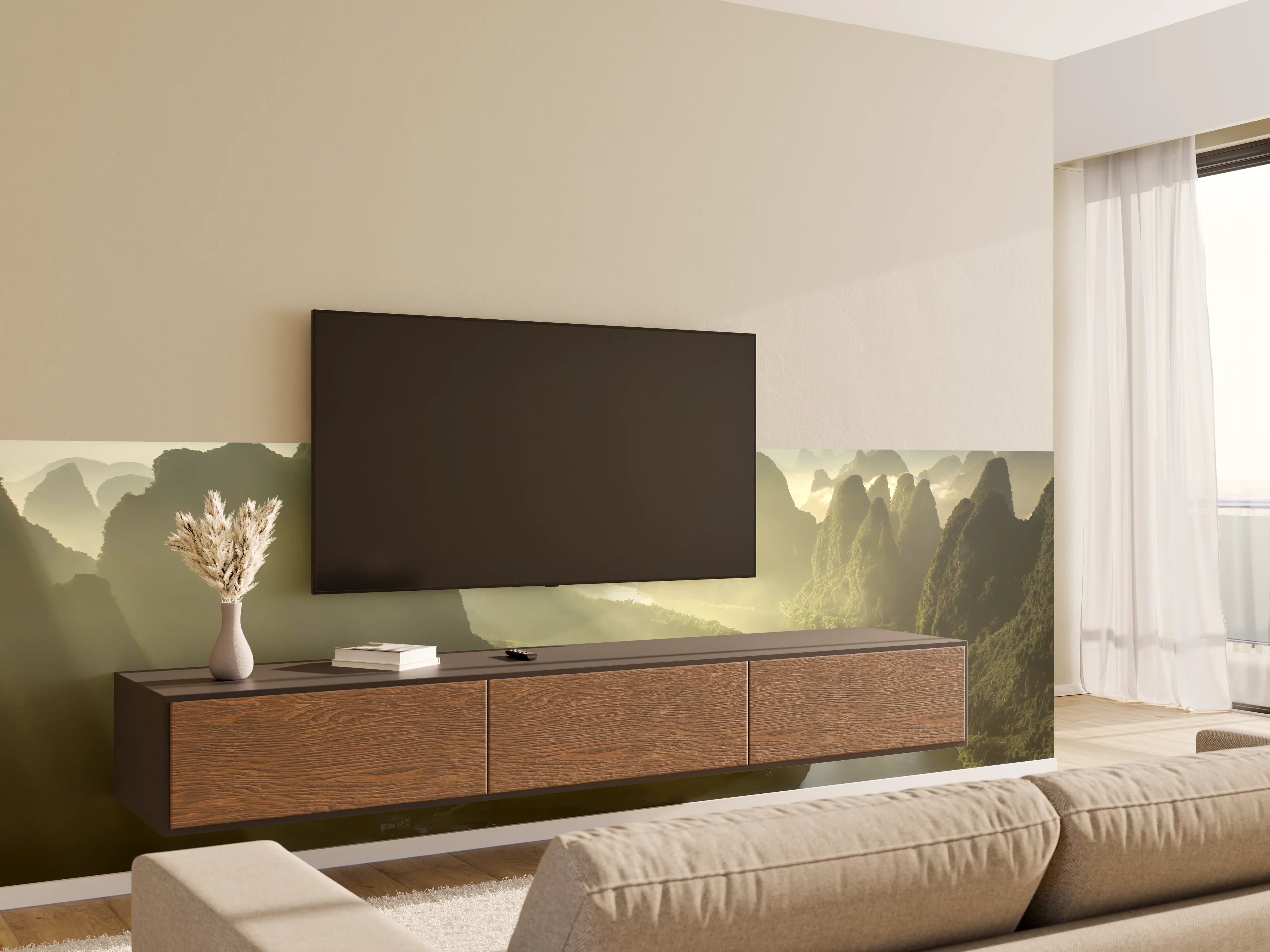 Wandverkleidung Wohnzimmer - Mystische Karstberge und Flusslandschaft