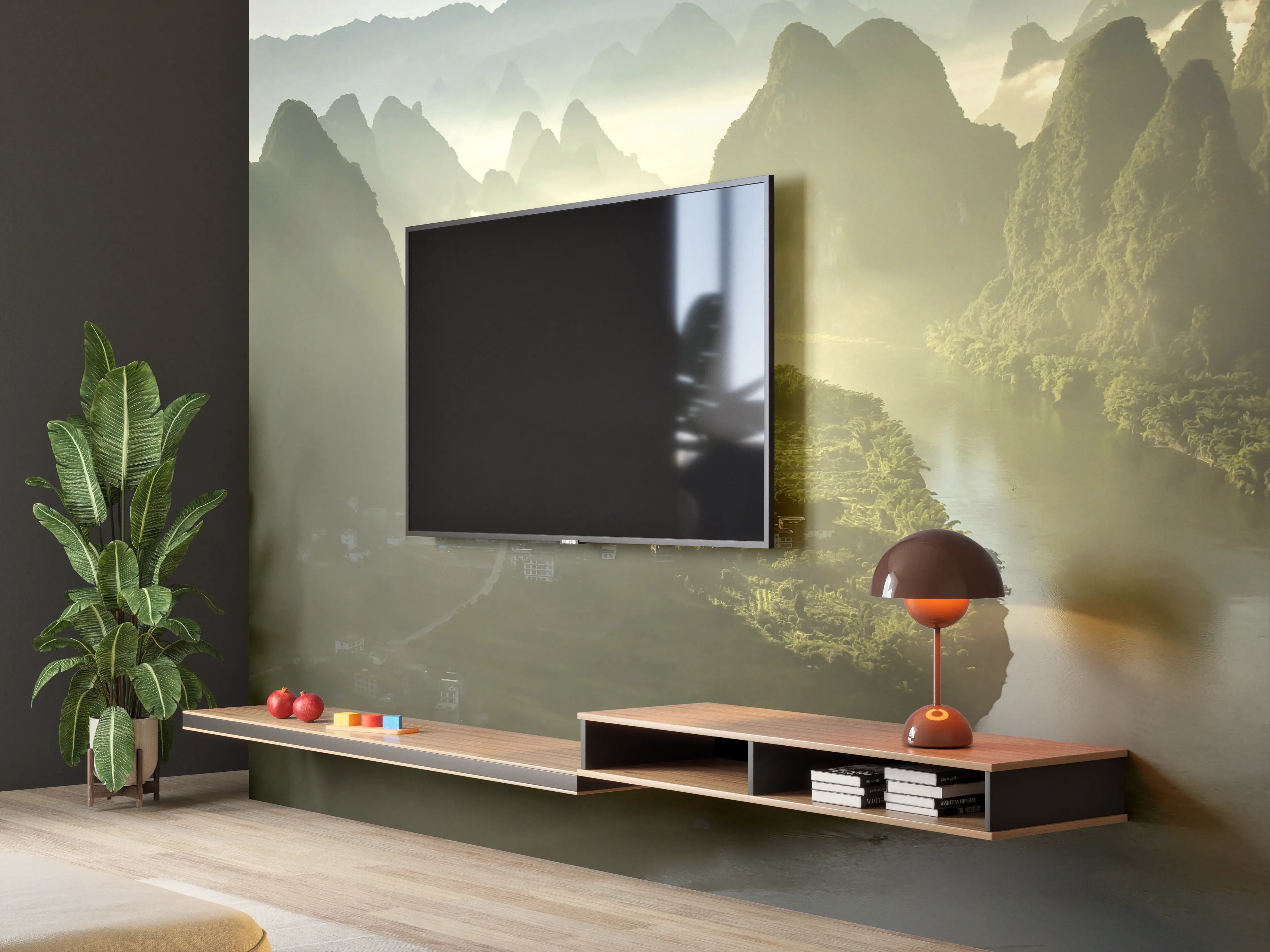 Wandverkleidung Wohnzimmer - Mystische Karstberge und Flusslandschaft
