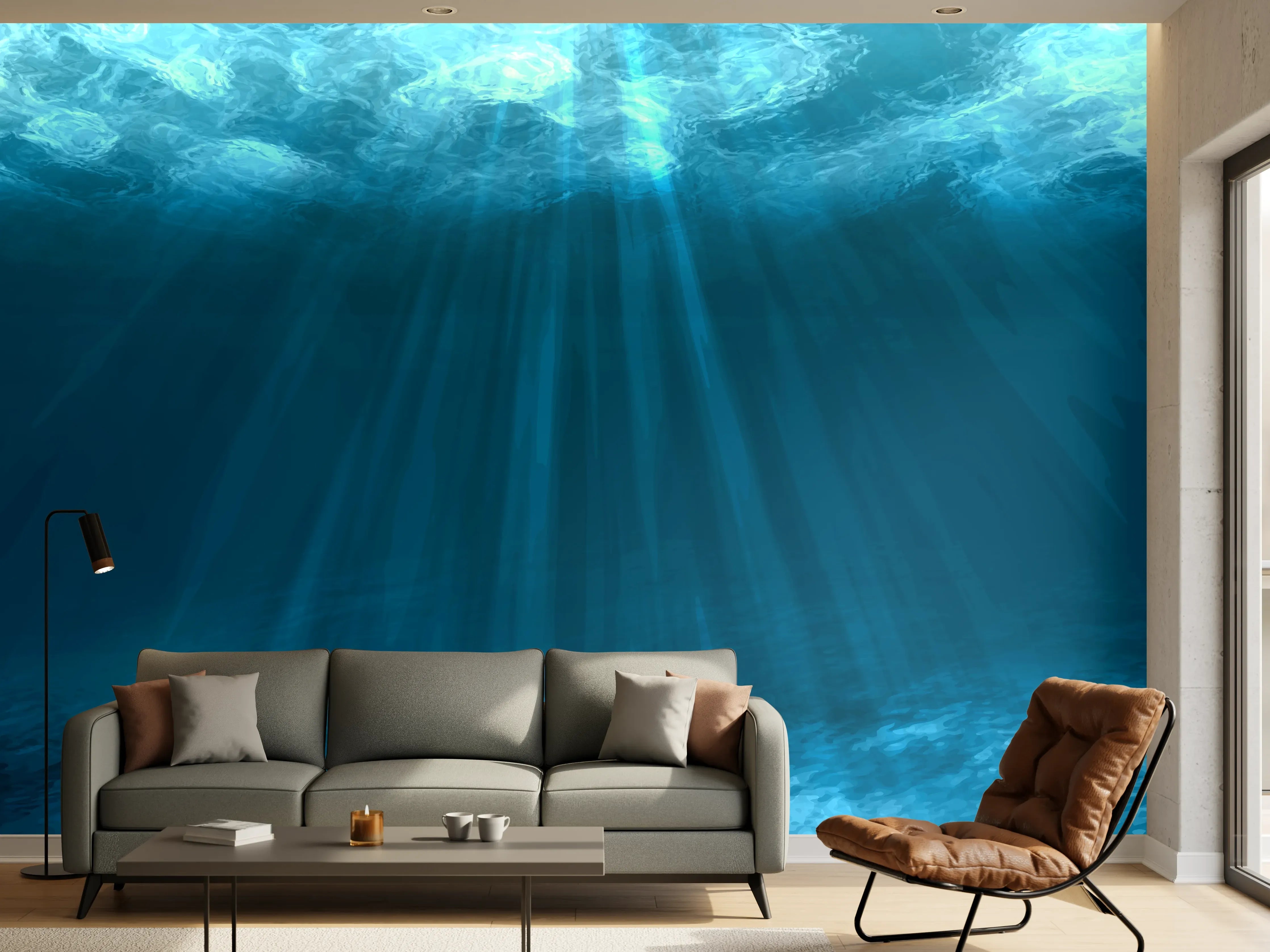 Wandverkleidung Wohnzimmer - Mystische Unterwasserwelt Blau