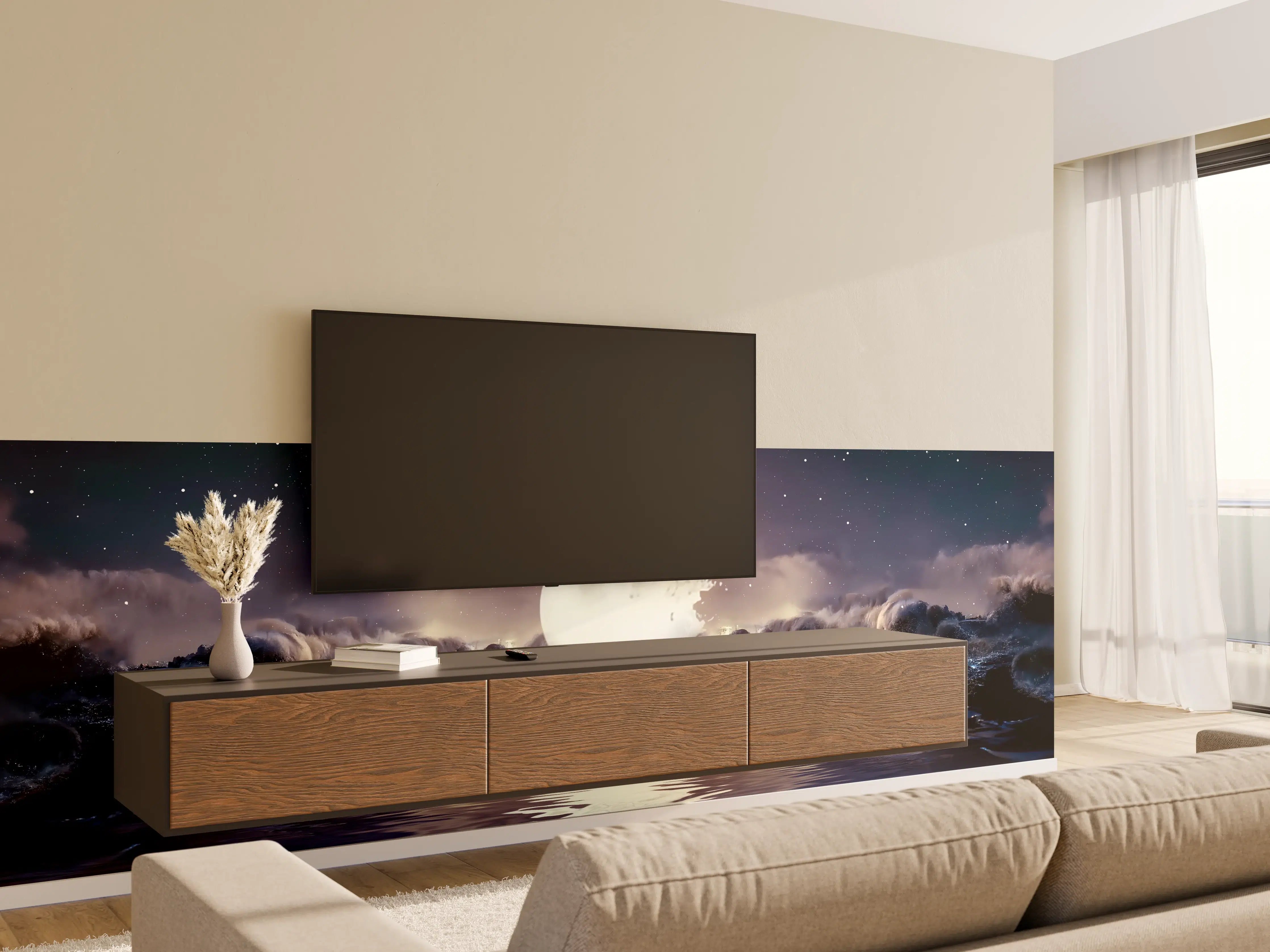Wandverkleidung Wohnzimmer - Mystische Vollmondnacht über dem Meer