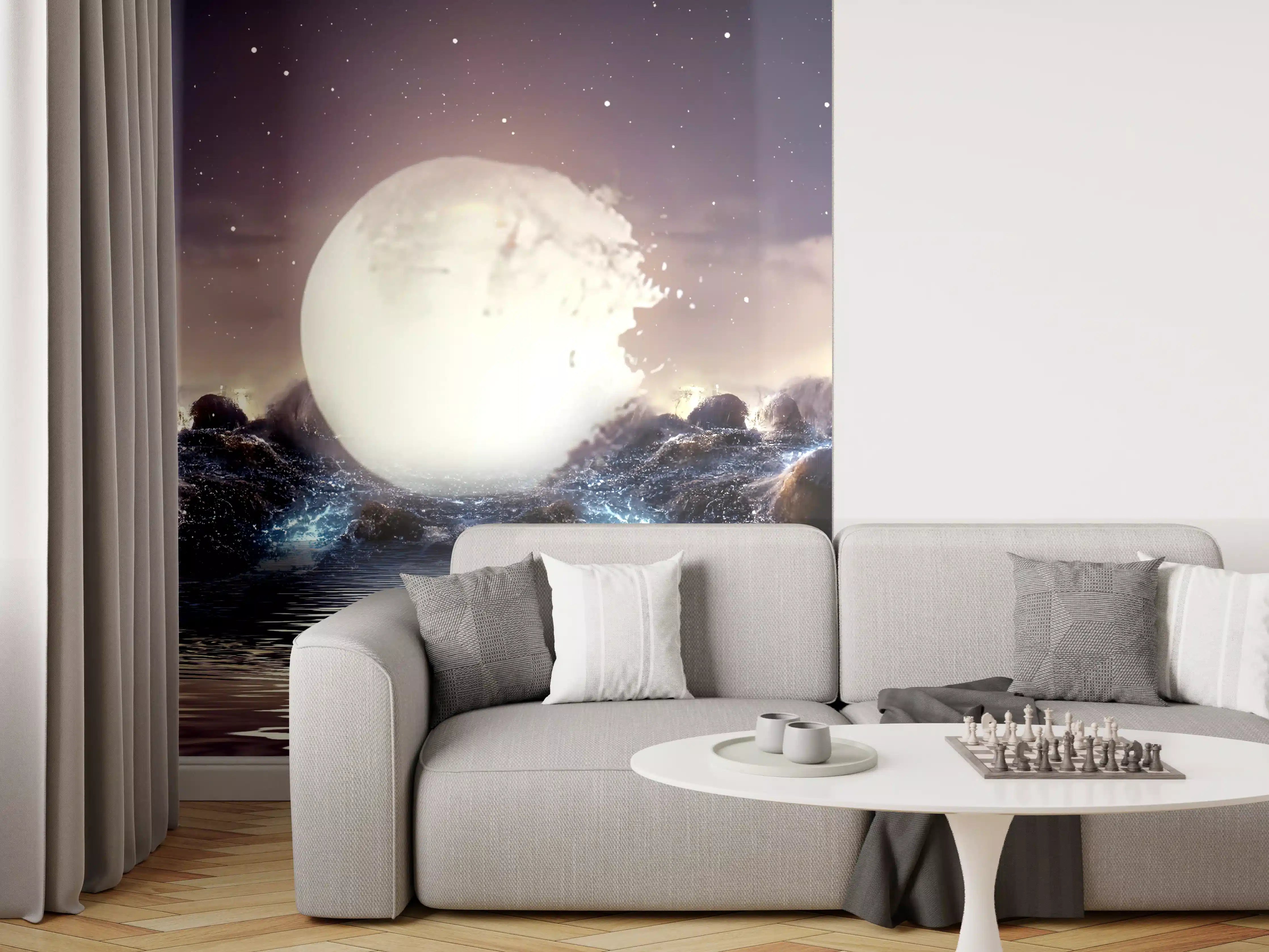 Wandverkleidung Wohnzimmer - Mystische Vollmondnacht über dem Meer