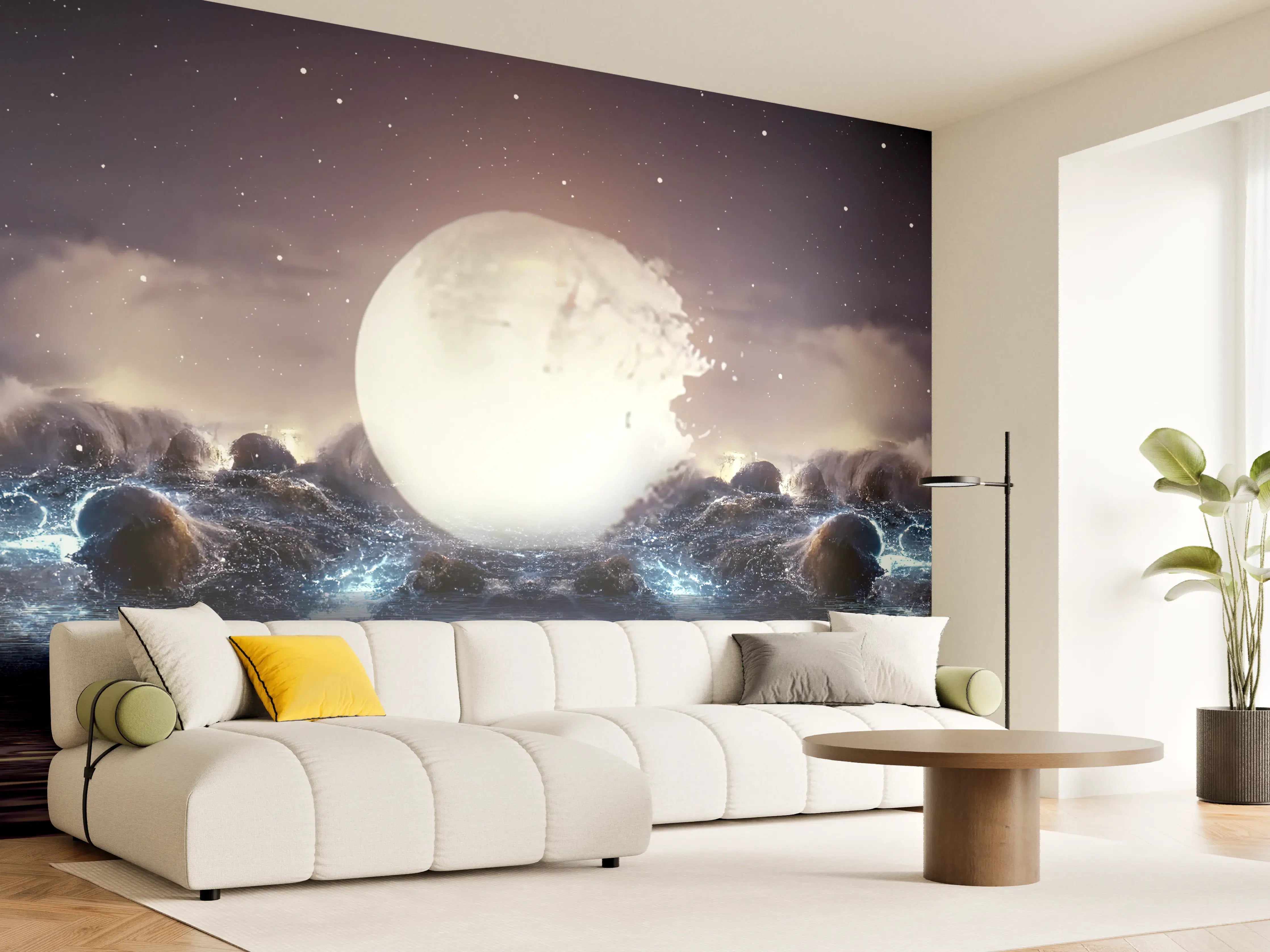 Wandverkleidung Wohnzimmer - Mystische Vollmondnacht über dem Meer