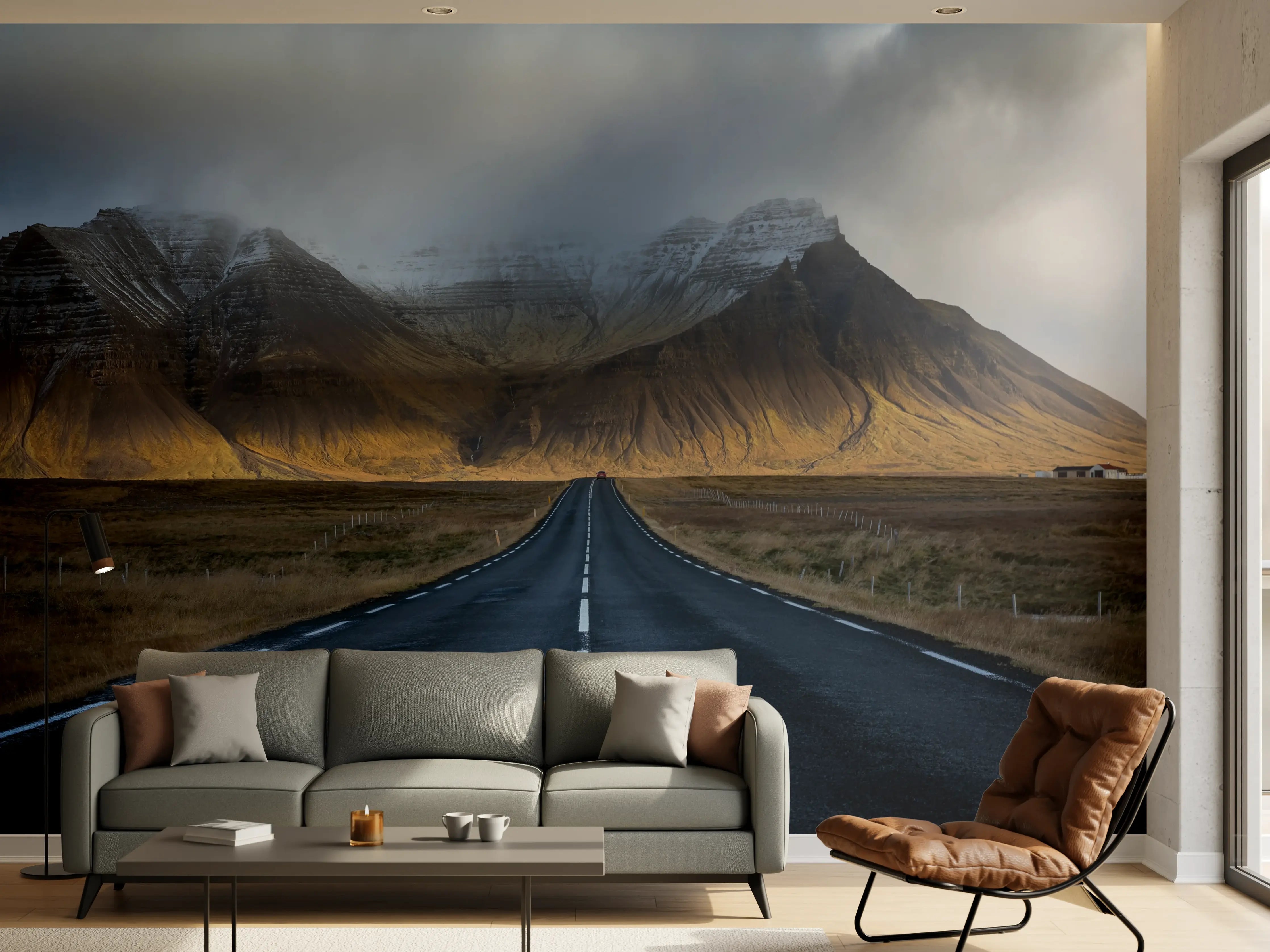 Wandverkleidung Wohnzimmer - Mystische Vulkanlandschaft bei Nebel